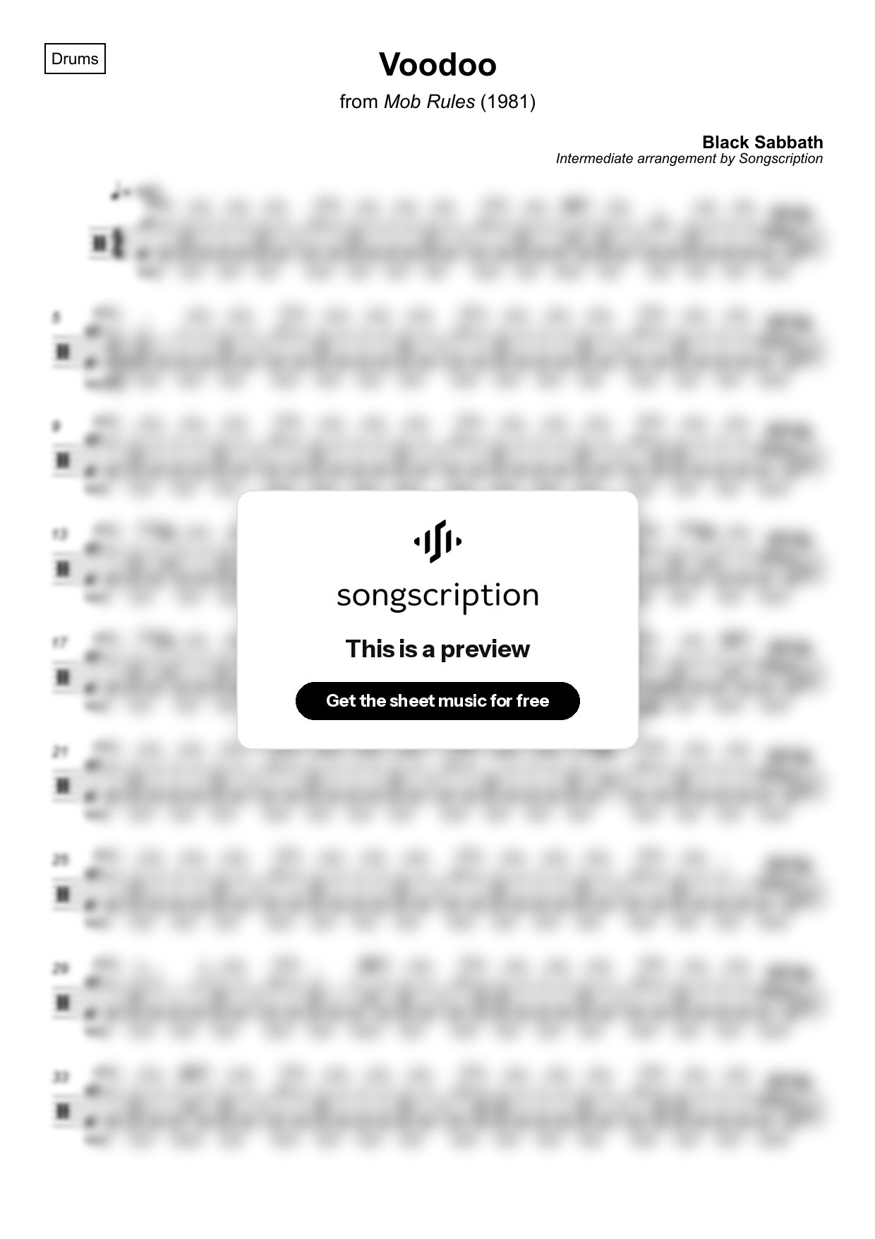 Intermediate Drums Sheet Music for "Voodoo" by Black Sabbath