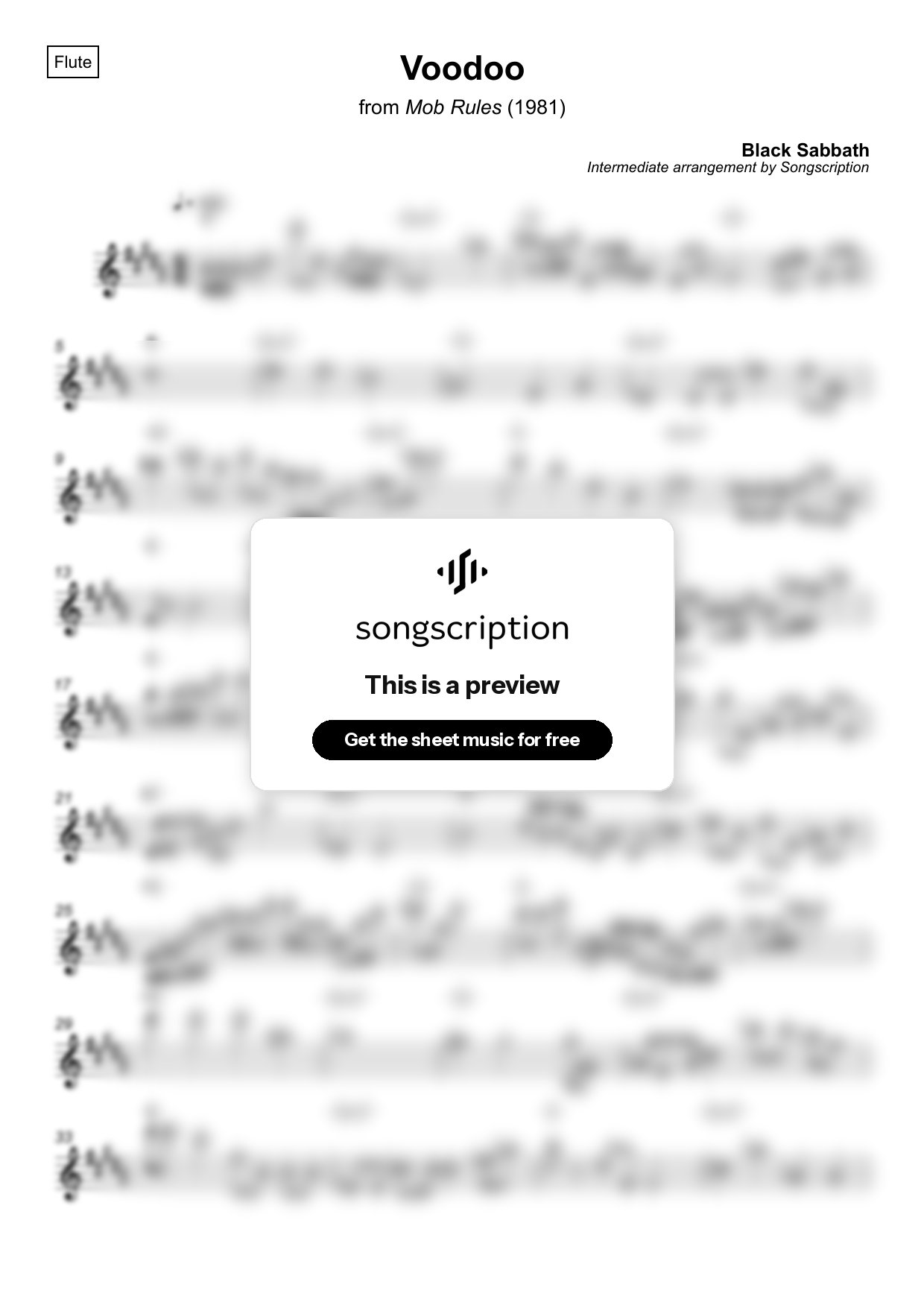 Intermediate Flute Sheet Music for "Voodoo" by Black Sabbath