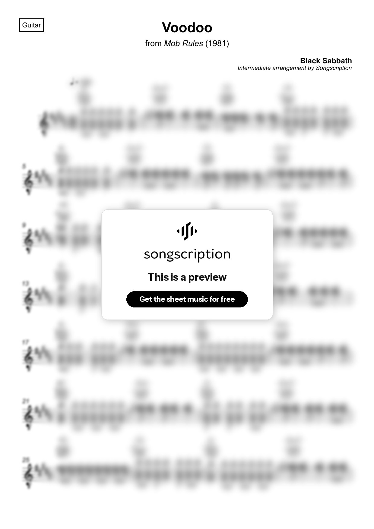 Intermediate Acoustic Guitar Sheet Music for "Voodoo" by Black Sabbath