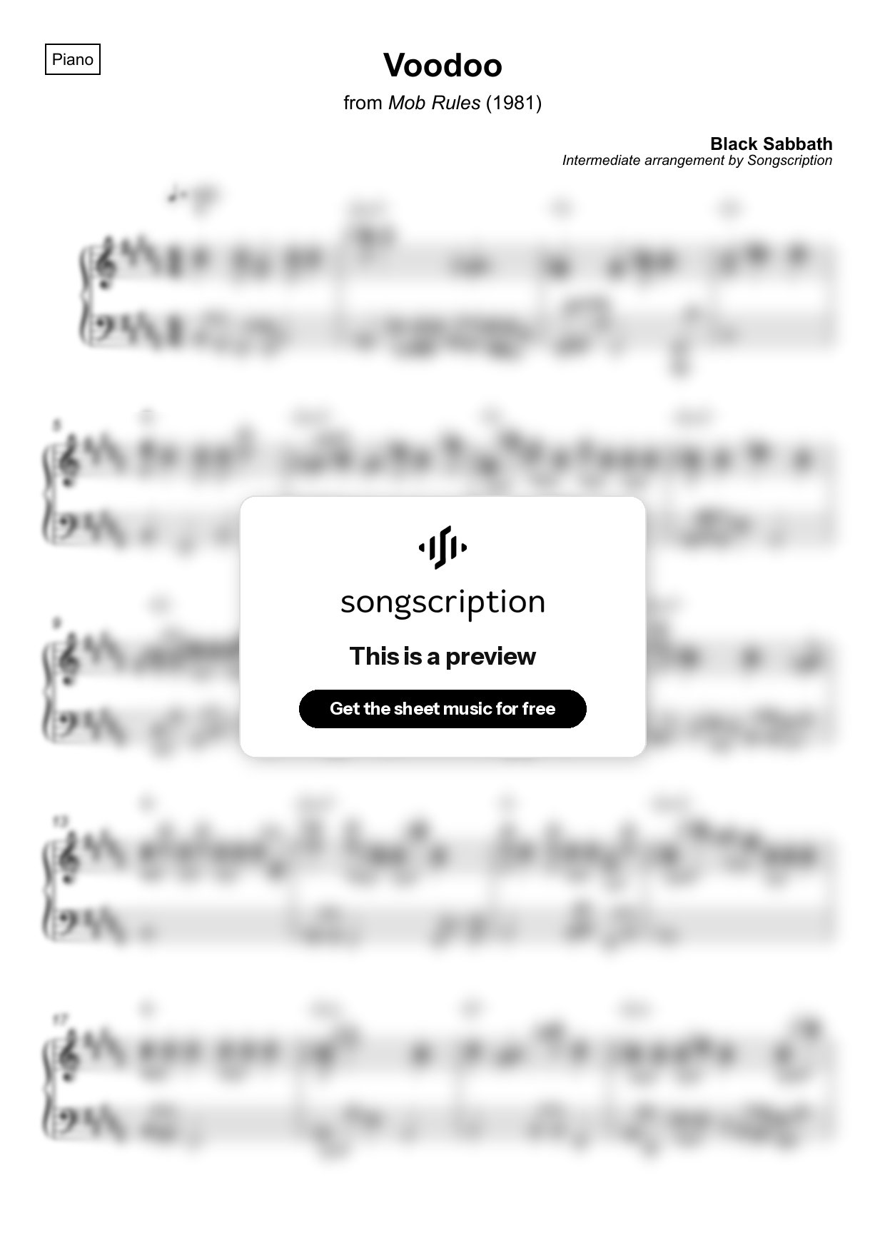 Intermediate Piano Sheet Music for "Voodoo" by Black Sabbath