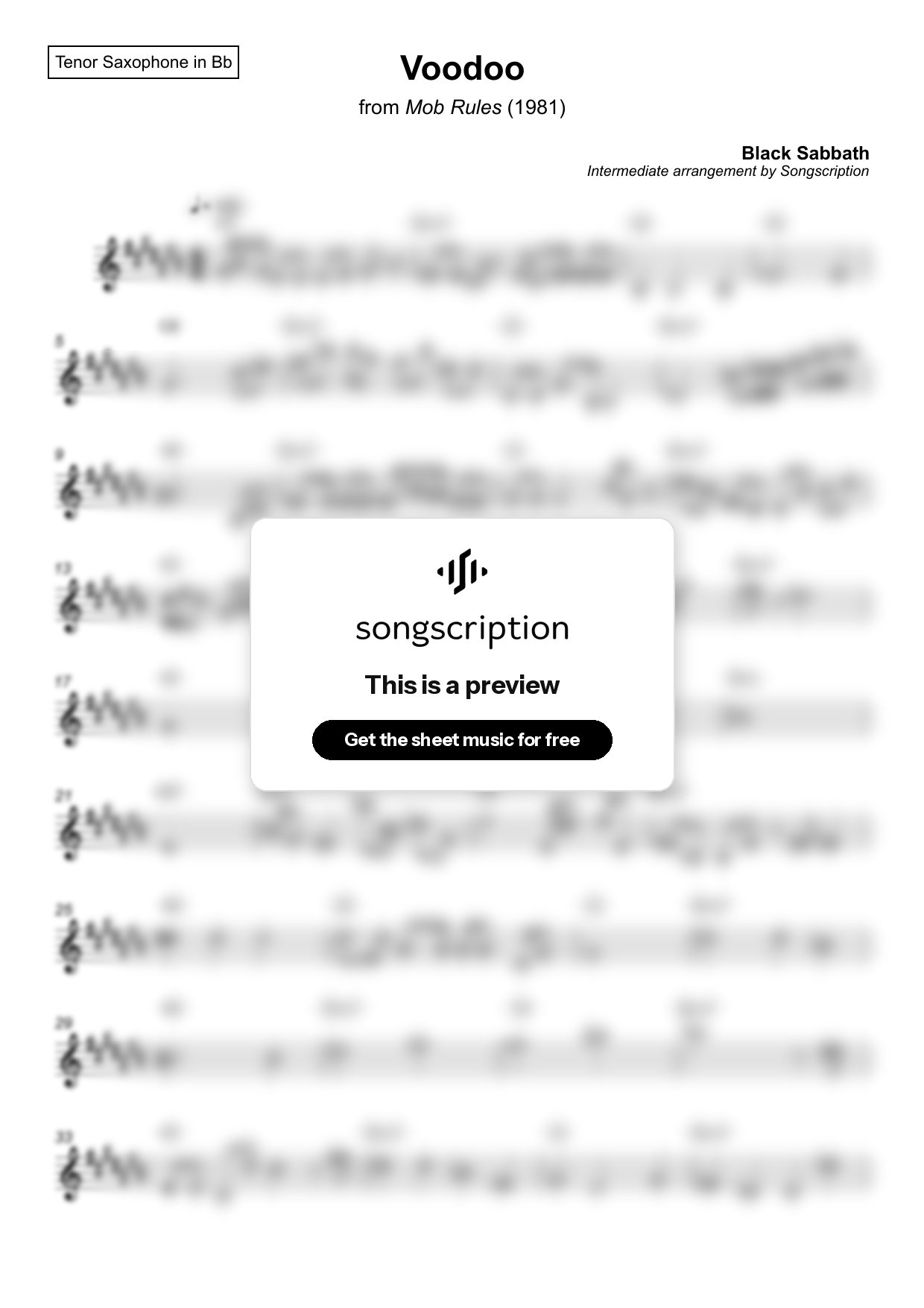 Intermediate Tenor Sax Sheet Music for "Voodoo" by Black Sabbath