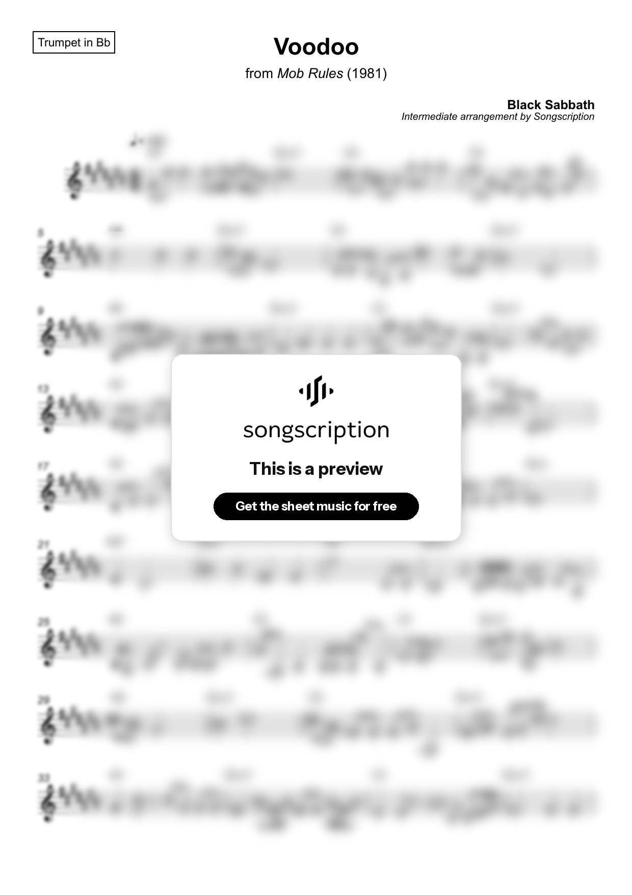 Intermediate Trumpet Sheet Music for "Voodoo" by Black Sabbath