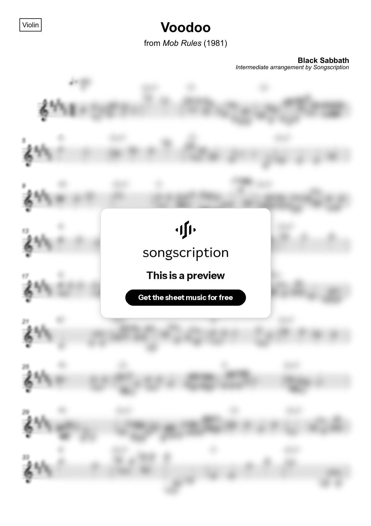 Intermediate Violin Sheet Music for "Voodoo" by Black Sabbath
