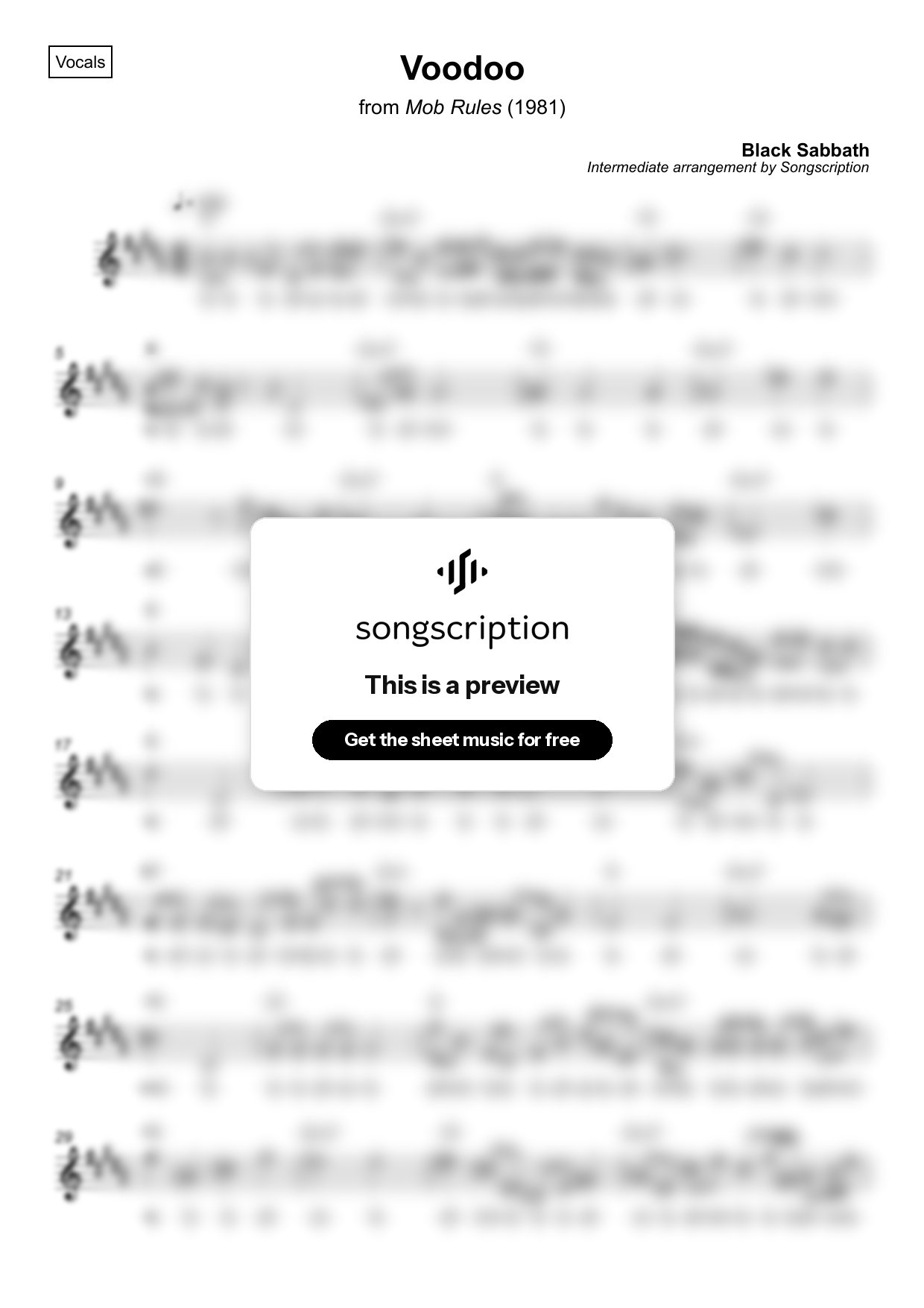 Intermediate Vocals Sheet Music for "Voodoo" by Black Sabbath