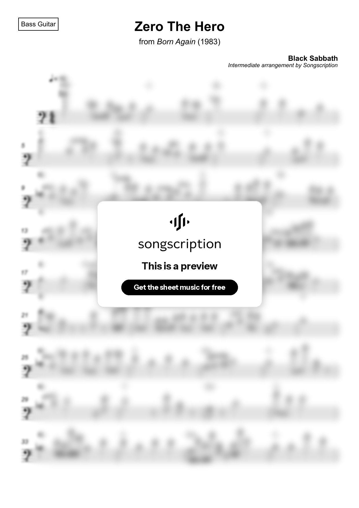 Intermediate Bass Guitar Sheet Music for "Zero The Hero" by Black Sabbath