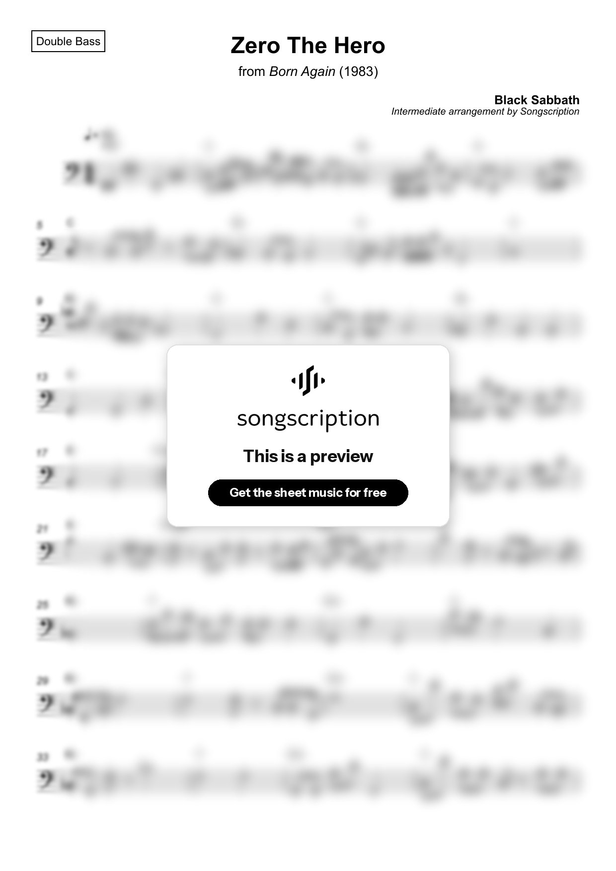 Intermediate Double Bass Sheet Music for "Zero The Hero" by Black Sabbath