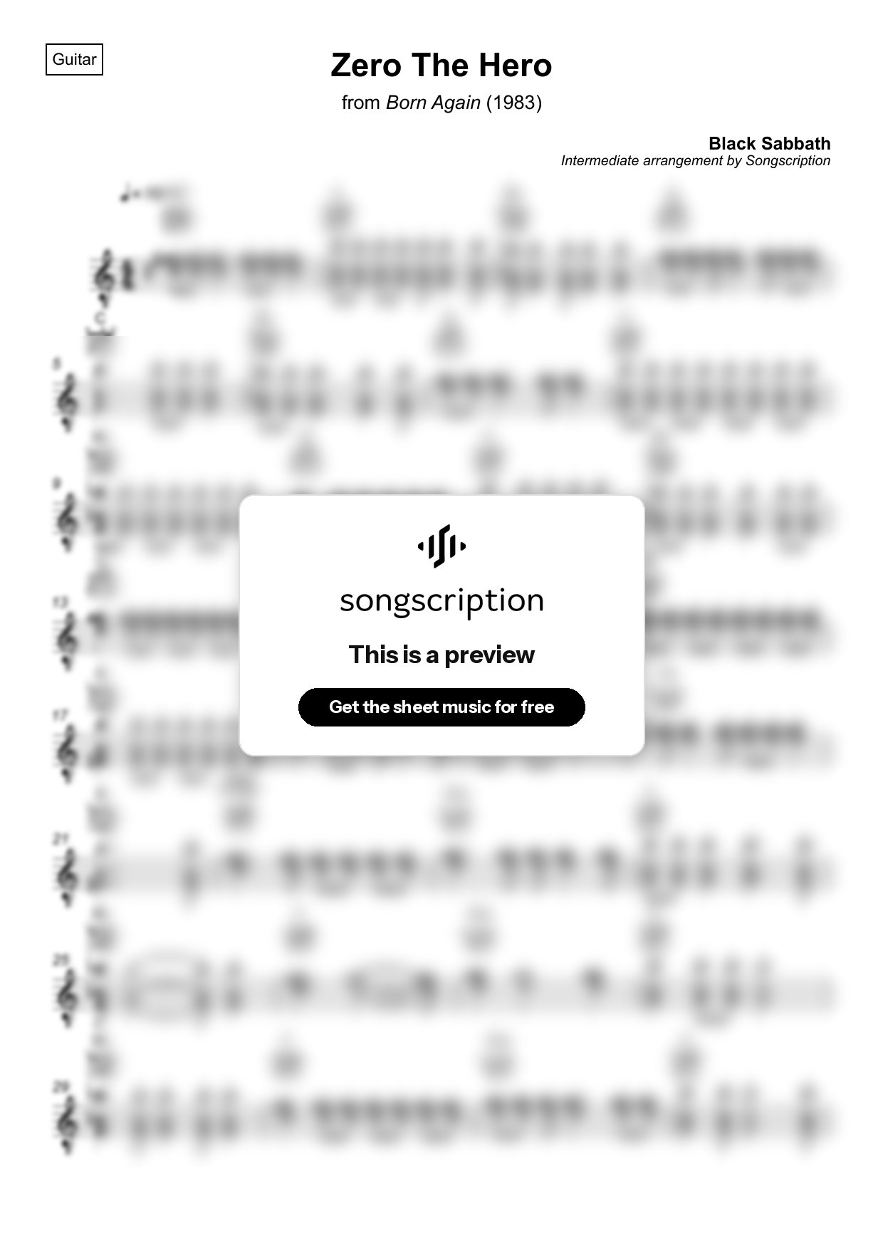 Intermediate Acoustic Guitar Sheet Music for "Zero The Hero" by Black Sabbath