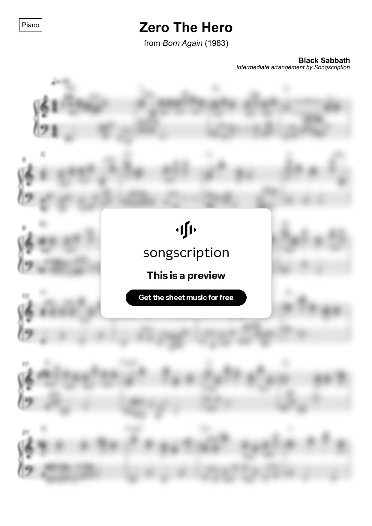 Intermediate Piano Sheet Music for "Zero The Hero" by Black Sabbath