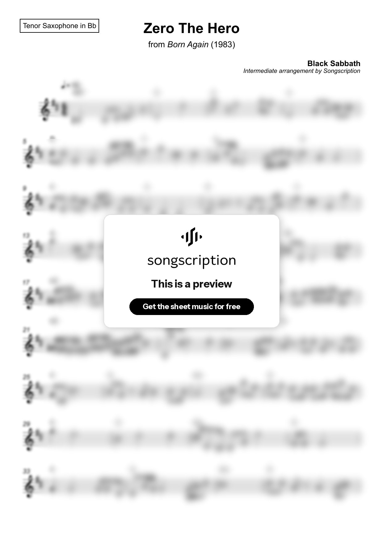 Intermediate Tenor Sax Sheet Music for "Zero The Hero" by Black Sabbath