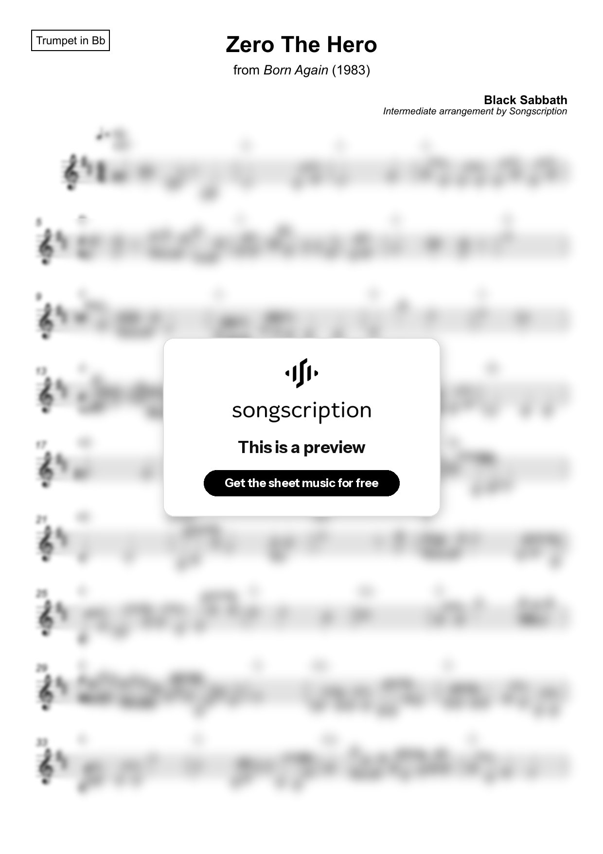 Intermediate Trumpet Sheet Music for "Zero The Hero" by Black Sabbath