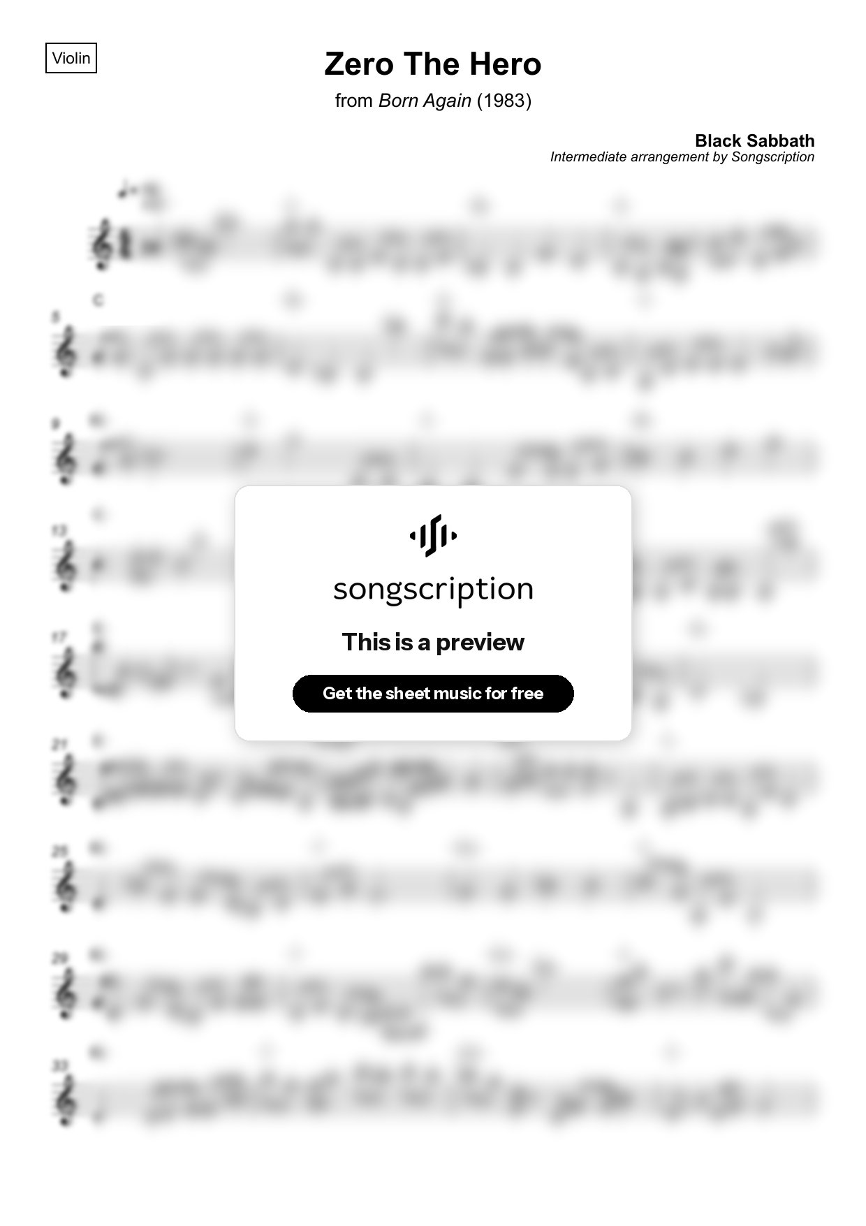 Intermediate Violin Sheet Music for "Zero The Hero" by Black Sabbath