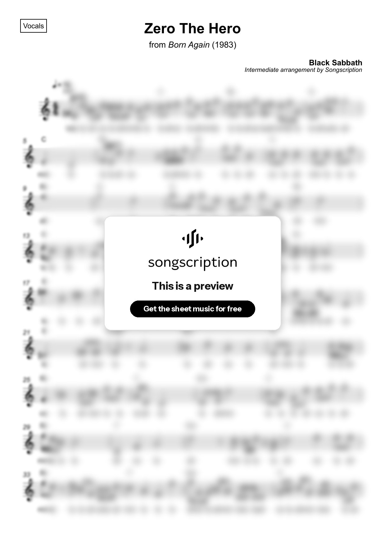 Intermediate Vocals Sheet Music for "Zero The Hero" by Black Sabbath