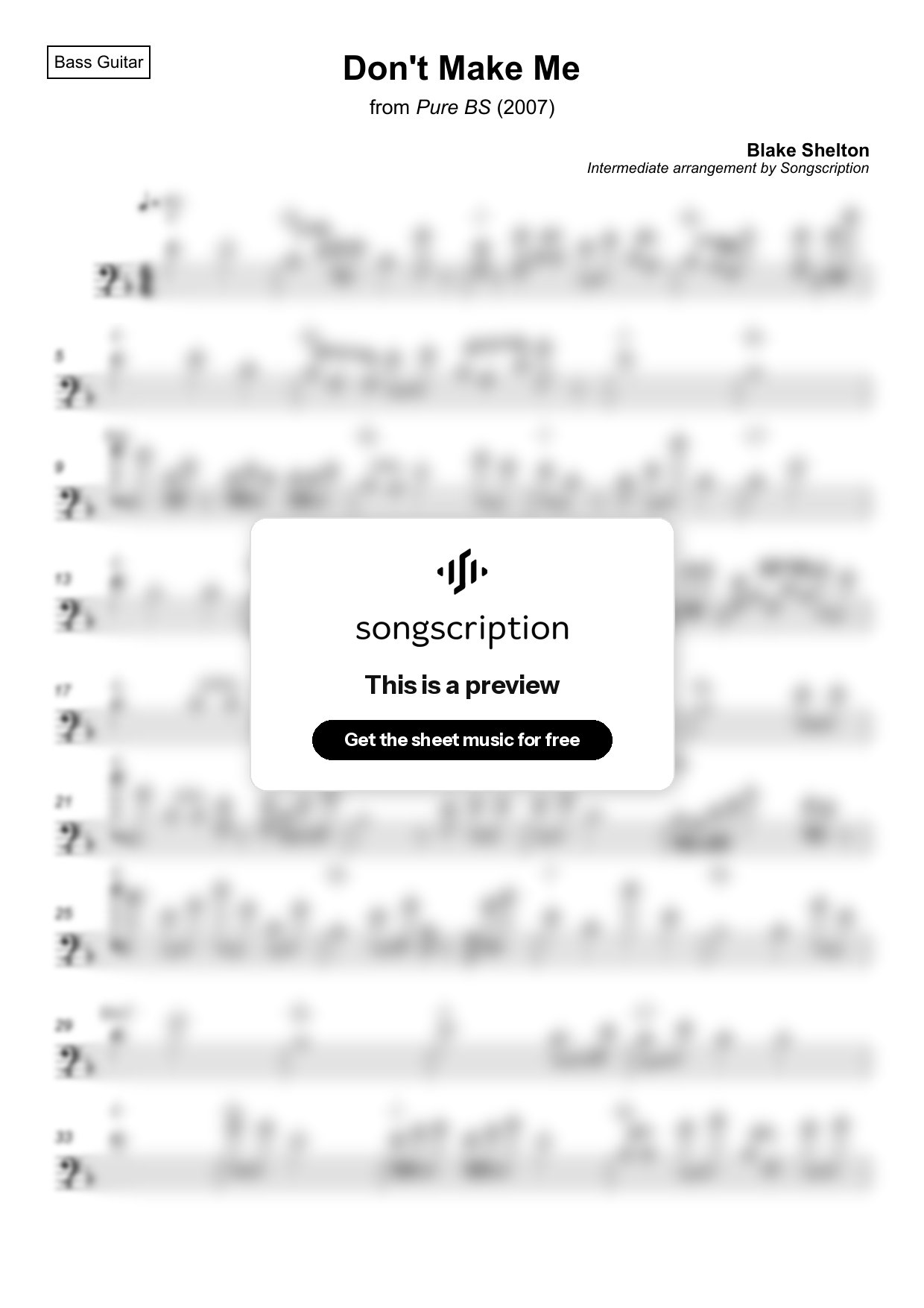 Intermediate Bass Guitar Sheet Music for "Don't Make Me" by Blake Shelton