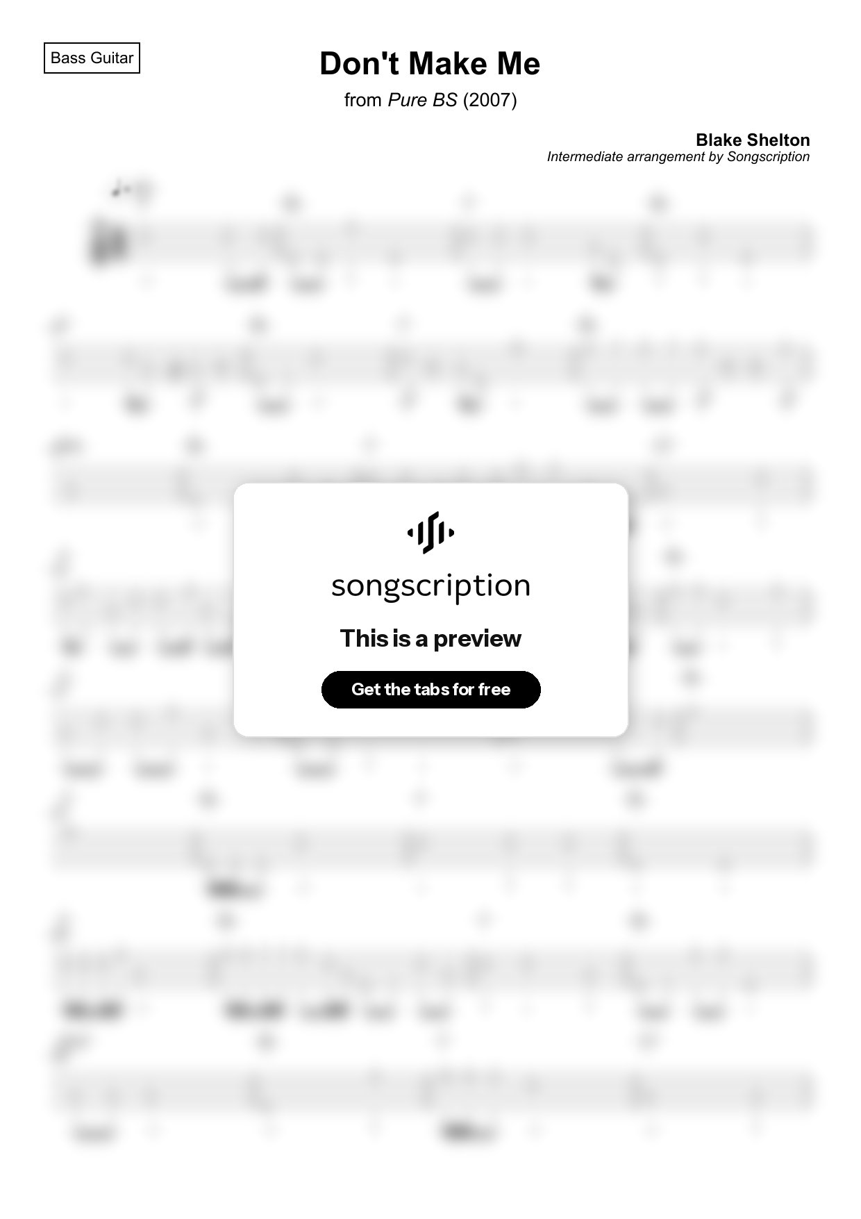 Intermediate Bass Guitar Tabs for "Don't Make Me" by Blake Shelton