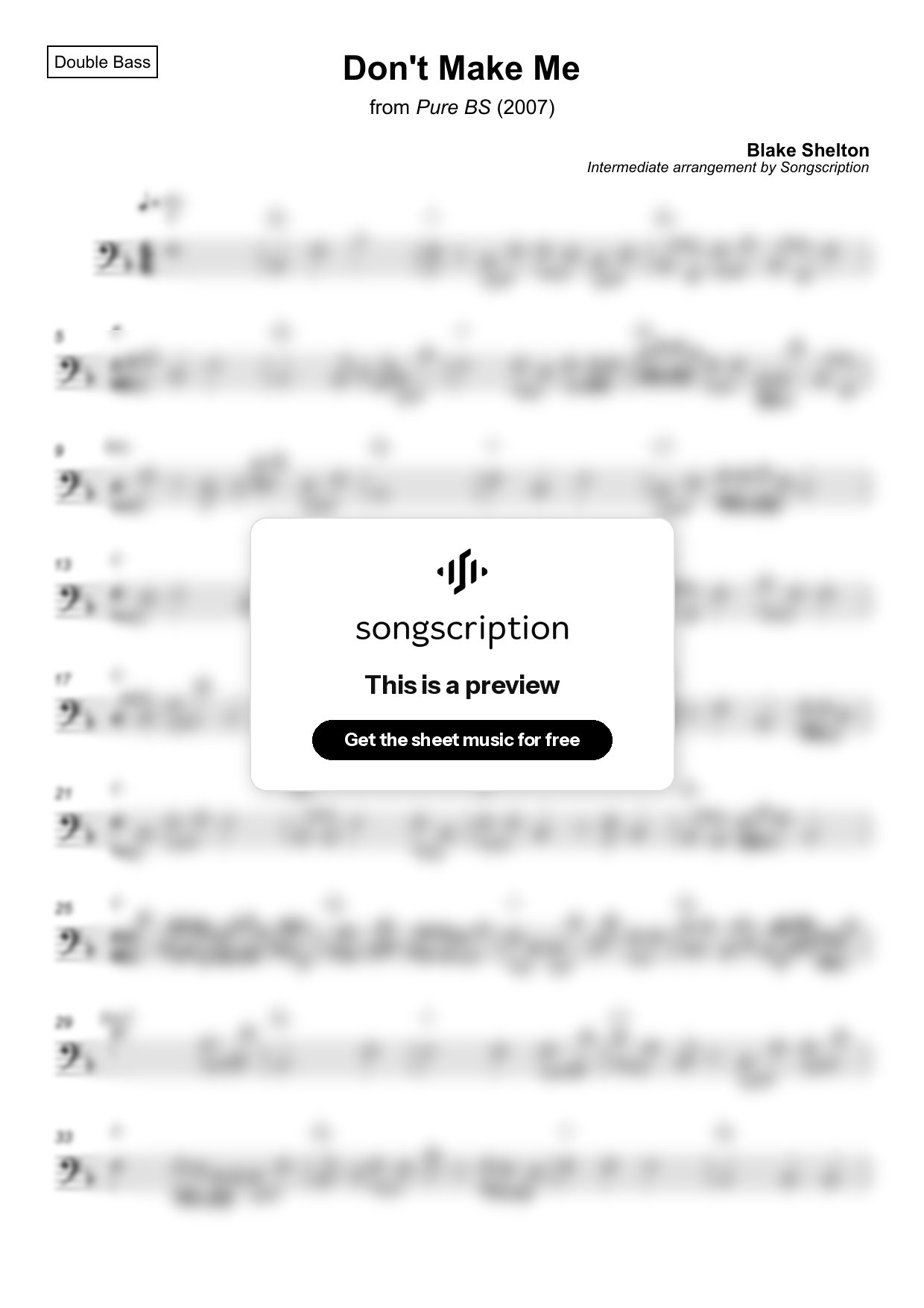 Intermediate Double Bass Sheet Music for "Don't Make Me" by Blake Shelton