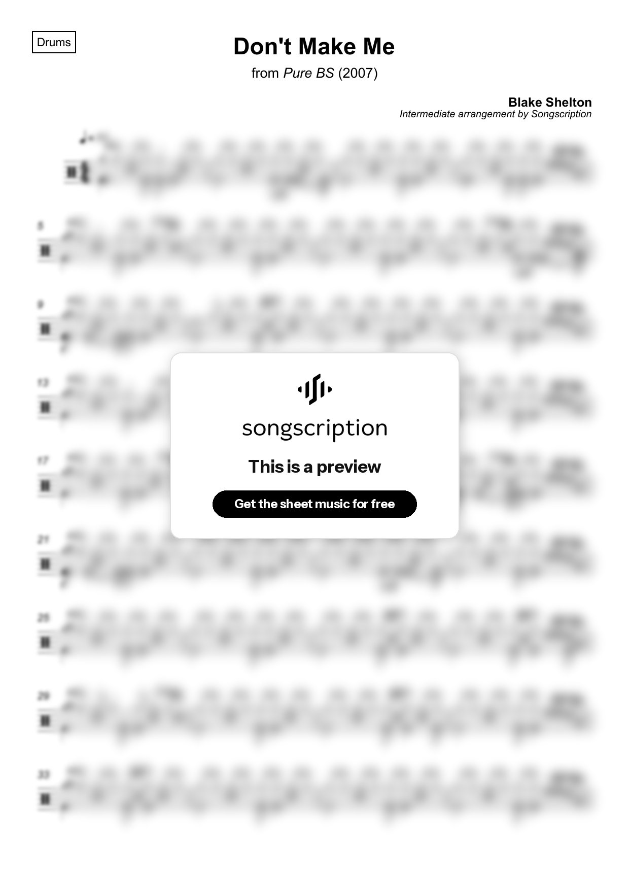Intermediate Drums Sheet Music for "Don't Make Me" by Blake Shelton