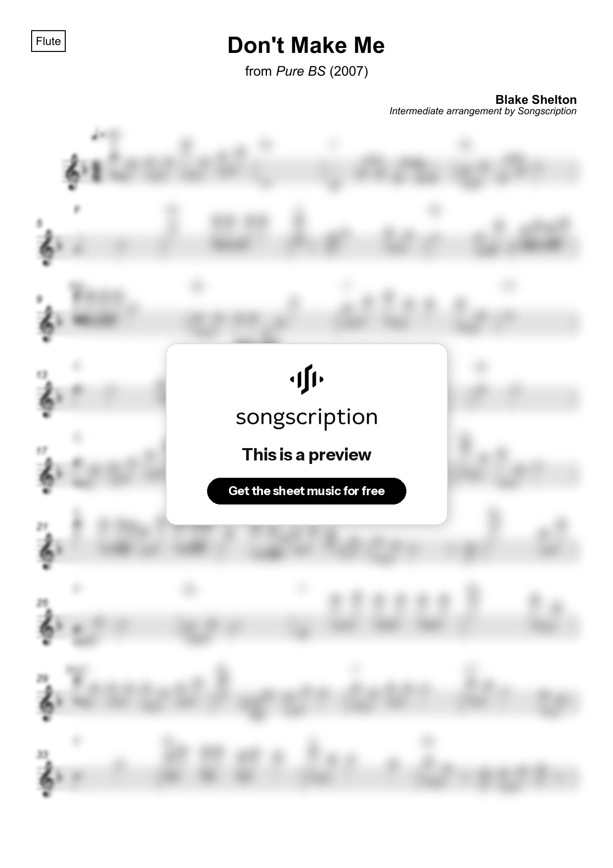 Intermediate Flute Sheet Music for "Don't Make Me" by Blake Shelton