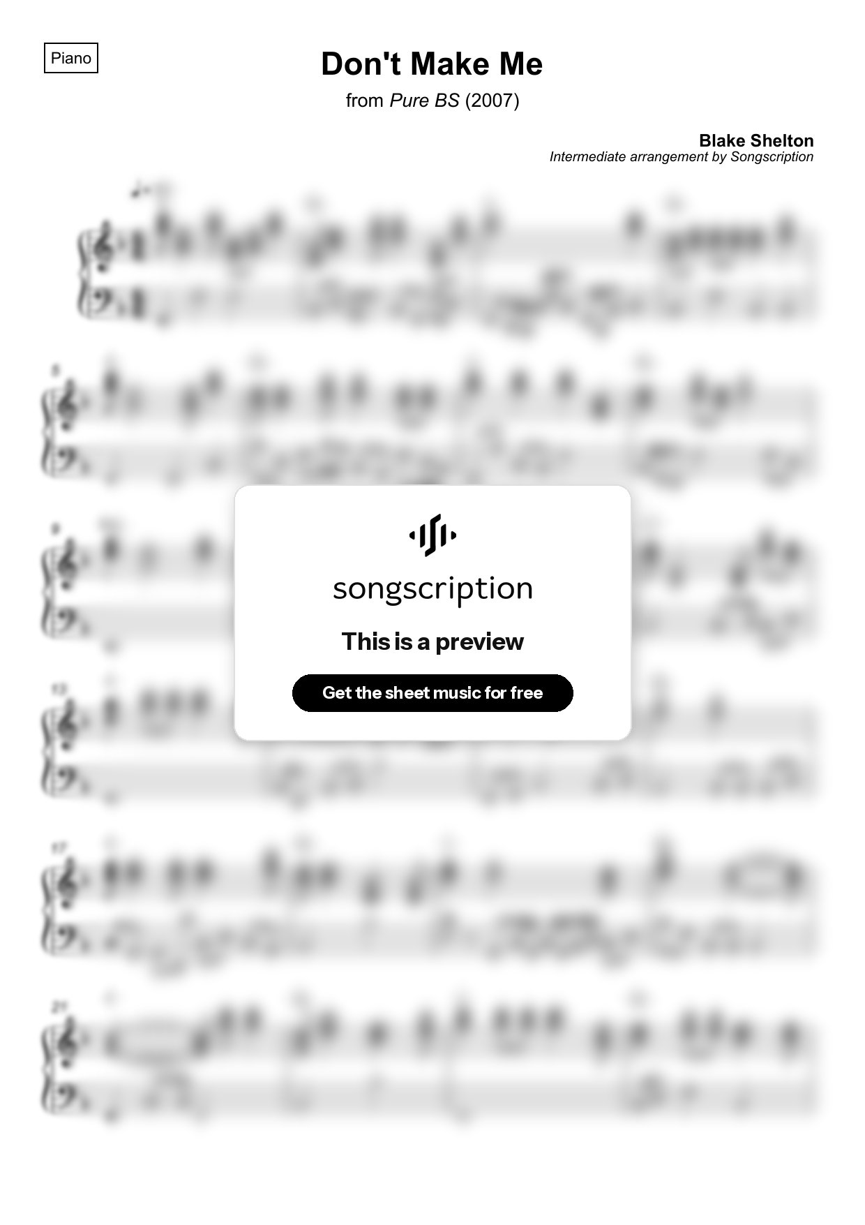 Intermediate Piano Sheet Music for "Don't Make Me" by Blake Shelton