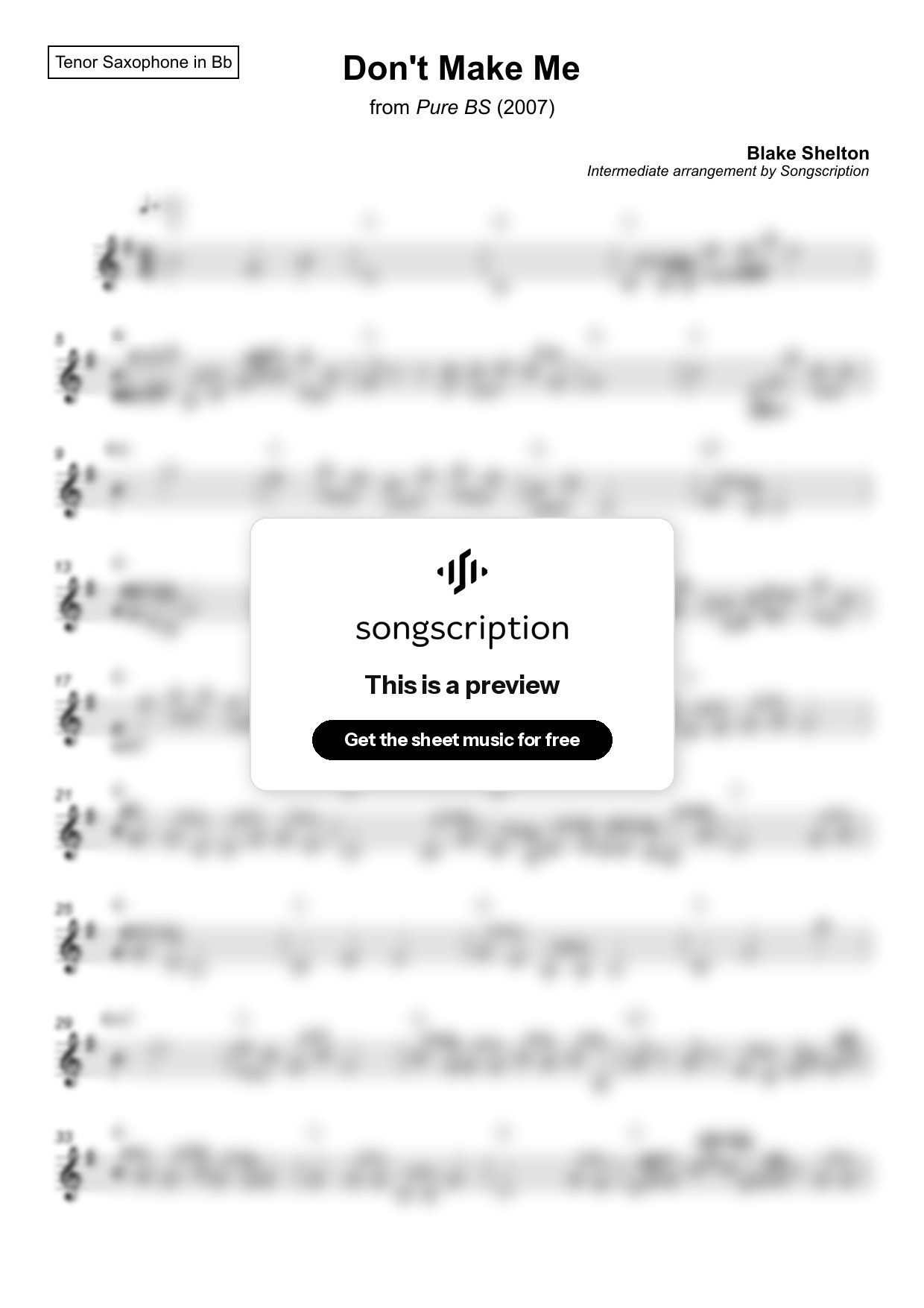 Intermediate Tenor Sax Sheet Music for "Don't Make Me" by Blake Shelton