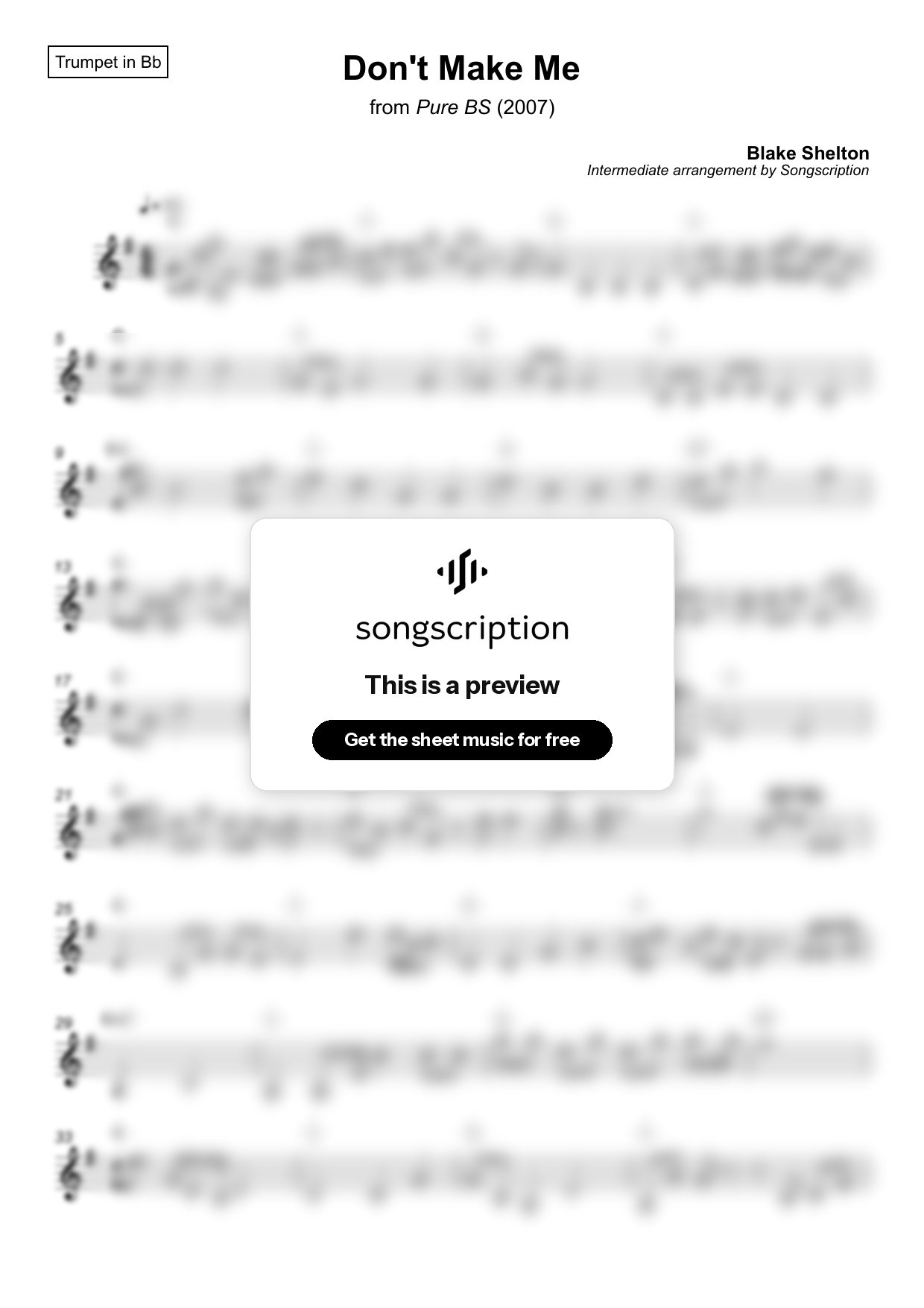 Intermediate Trumpet Sheet Music for "Don't Make Me" by Blake Shelton