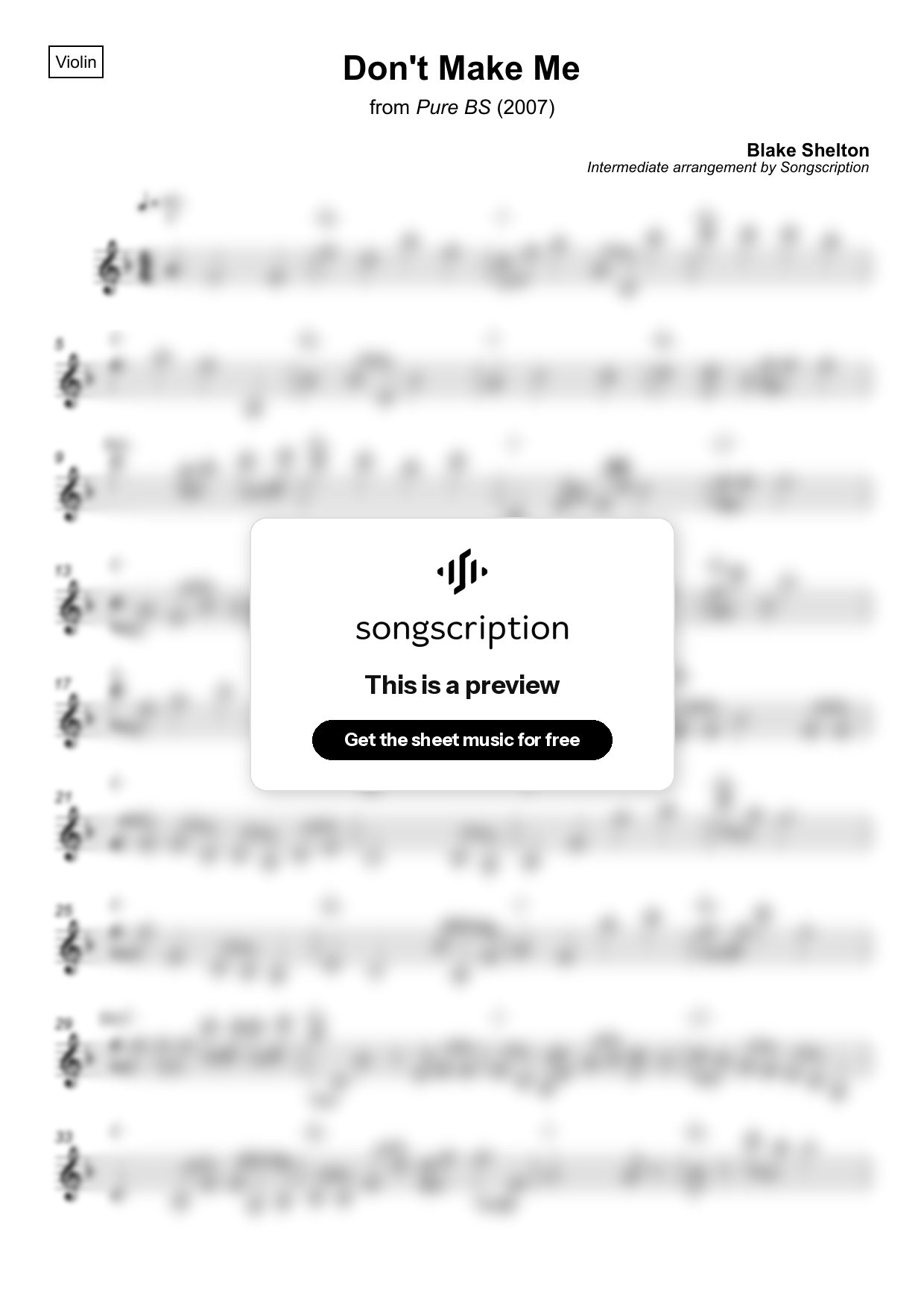 Intermediate Violin Sheet Music for "Don't Make Me" by Blake Shelton