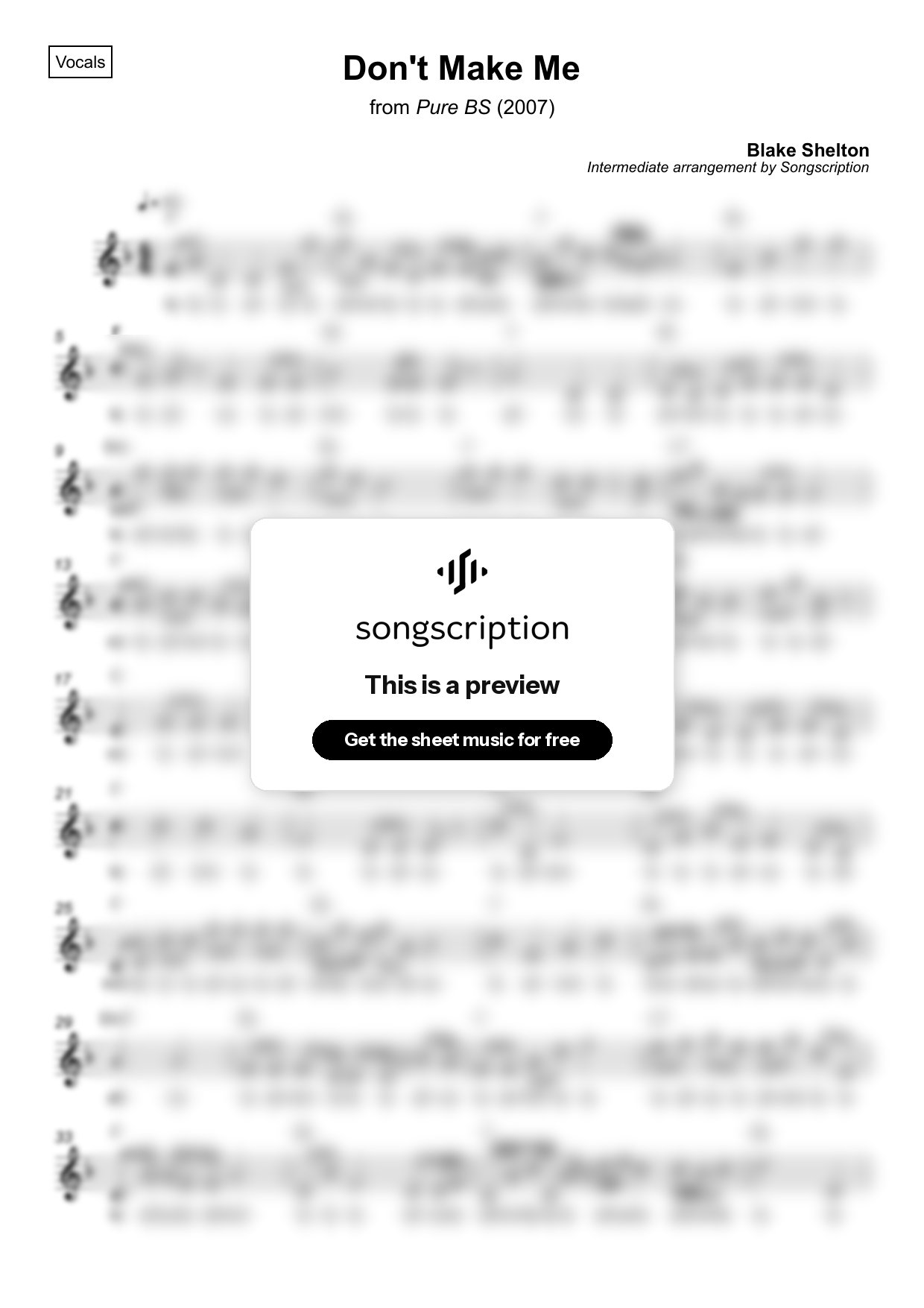 Intermediate Vocals Sheet Music for "Don't Make Me" by Blake Shelton