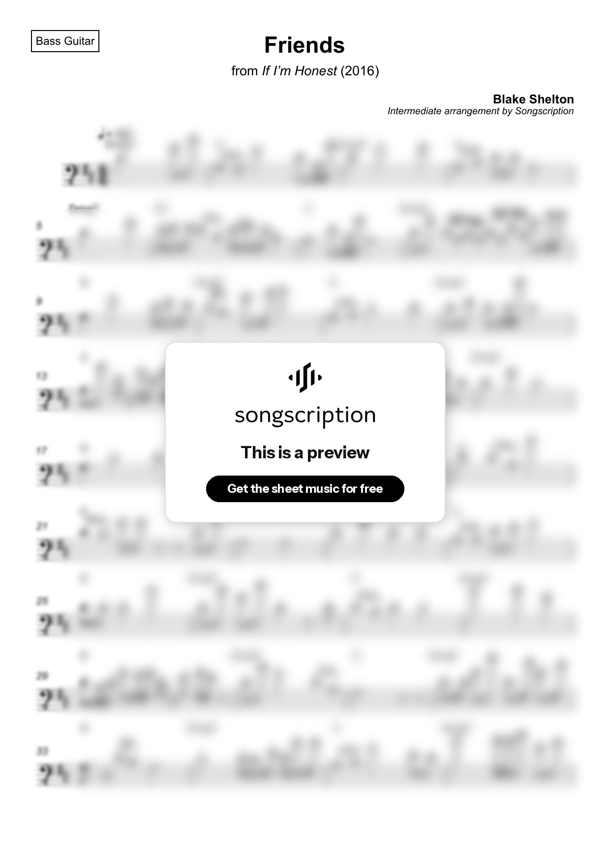 Intermediate Bass Guitar Sheet Music for "Friends" by Blake Shelton