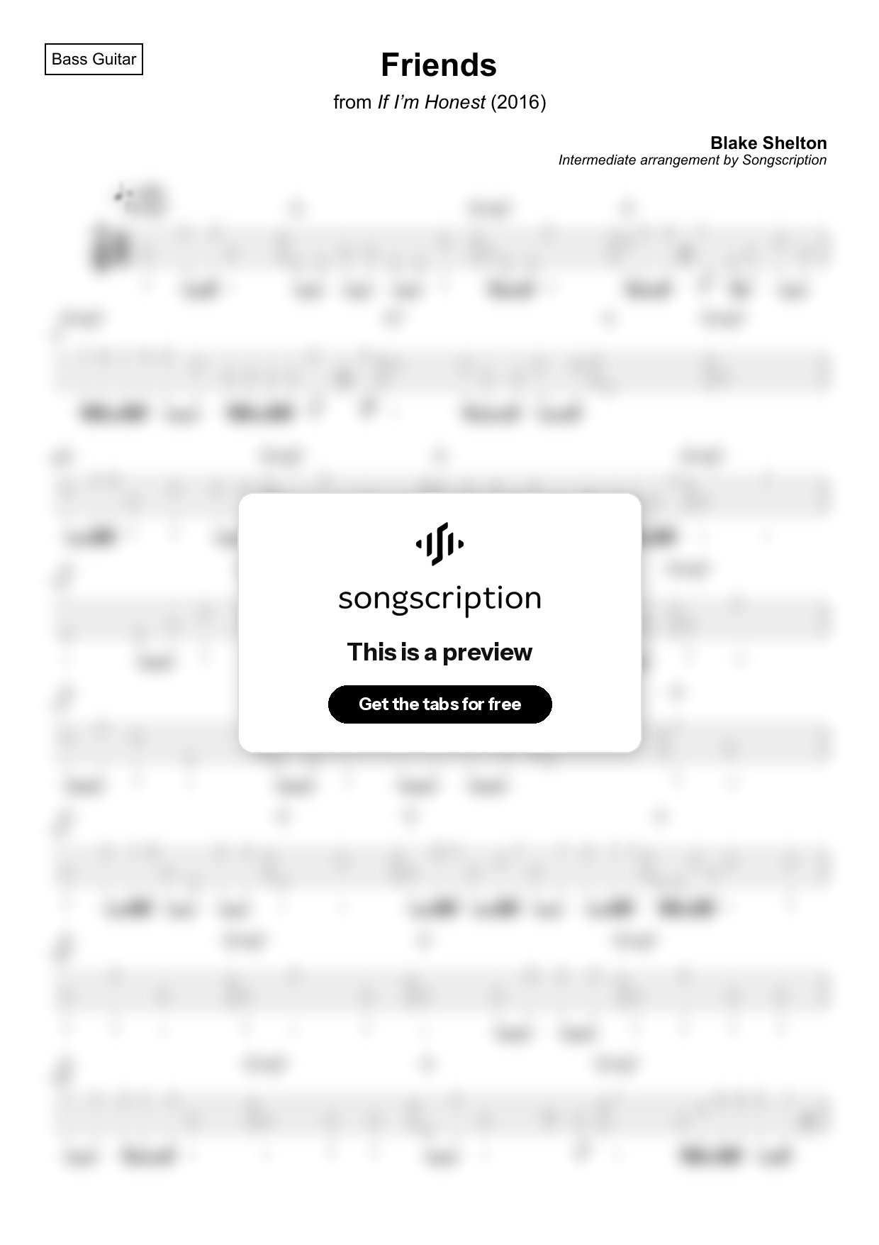 Intermediate Bass Guitar Tabs for "Friends" by Blake Shelton