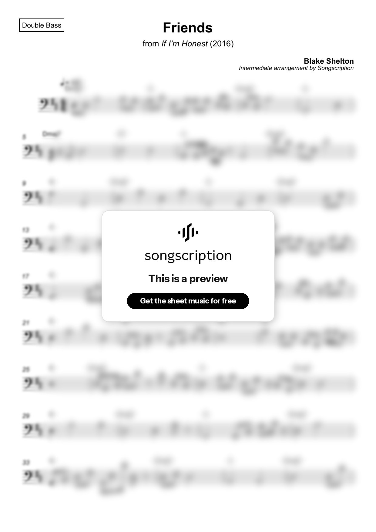 Intermediate Double Bass Sheet Music for "Friends" by Blake Shelton