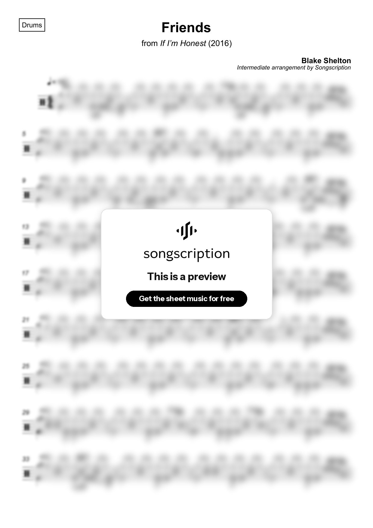 Intermediate Drums Sheet Music for "Friends" by Blake Shelton
