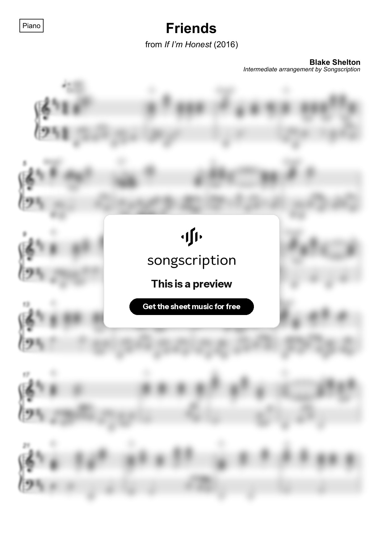 Intermediate Piano Sheet Music for "Friends" by Blake Shelton