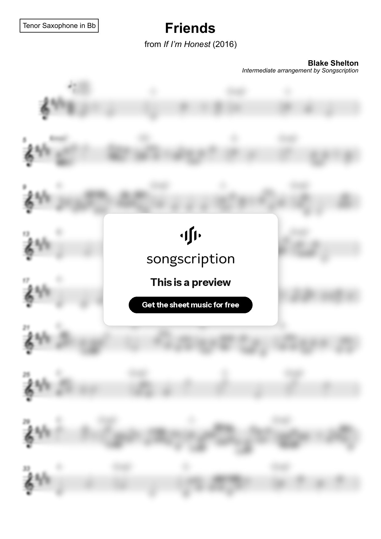 Intermediate Tenor Sax Sheet Music for "Friends" by Blake Shelton
