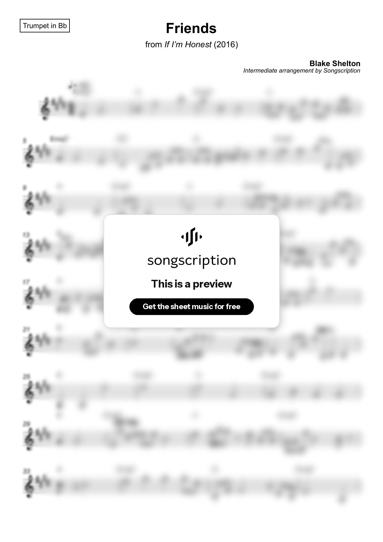 Intermediate Trumpet Sheet Music for "Friends" by Blake Shelton