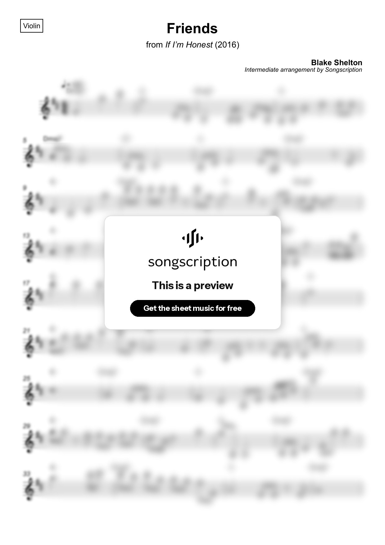 Intermediate Violin Sheet Music for "Friends" by Blake Shelton