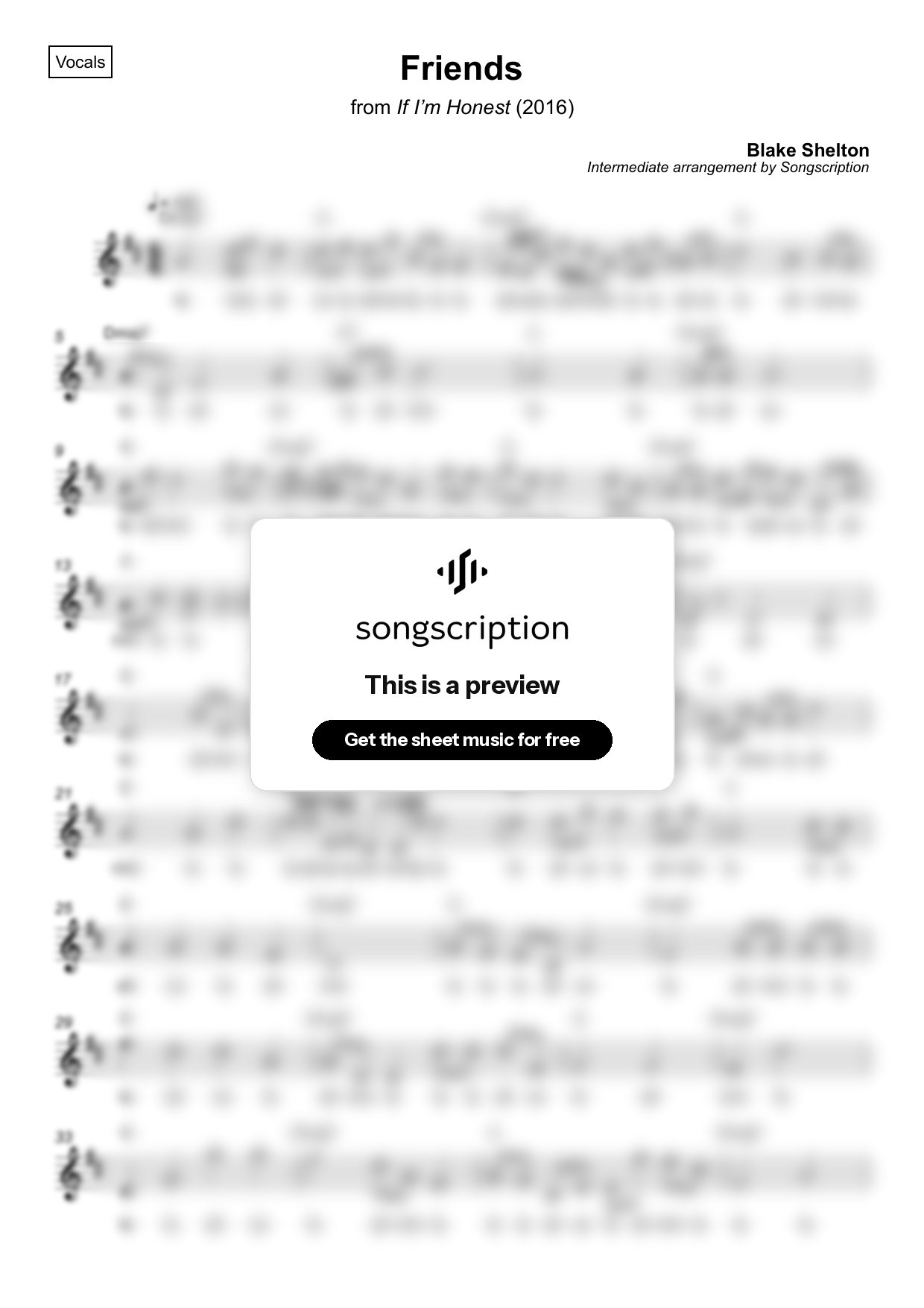 Intermediate Vocals Sheet Music for "Friends" by Blake Shelton