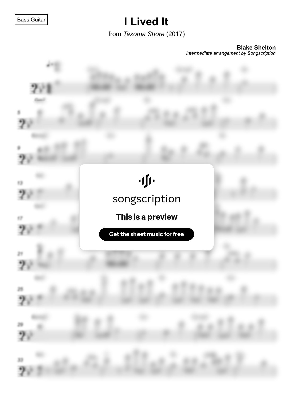 Intermediate Bass Guitar Sheet Music for "I Lived It" by Blake Shelton