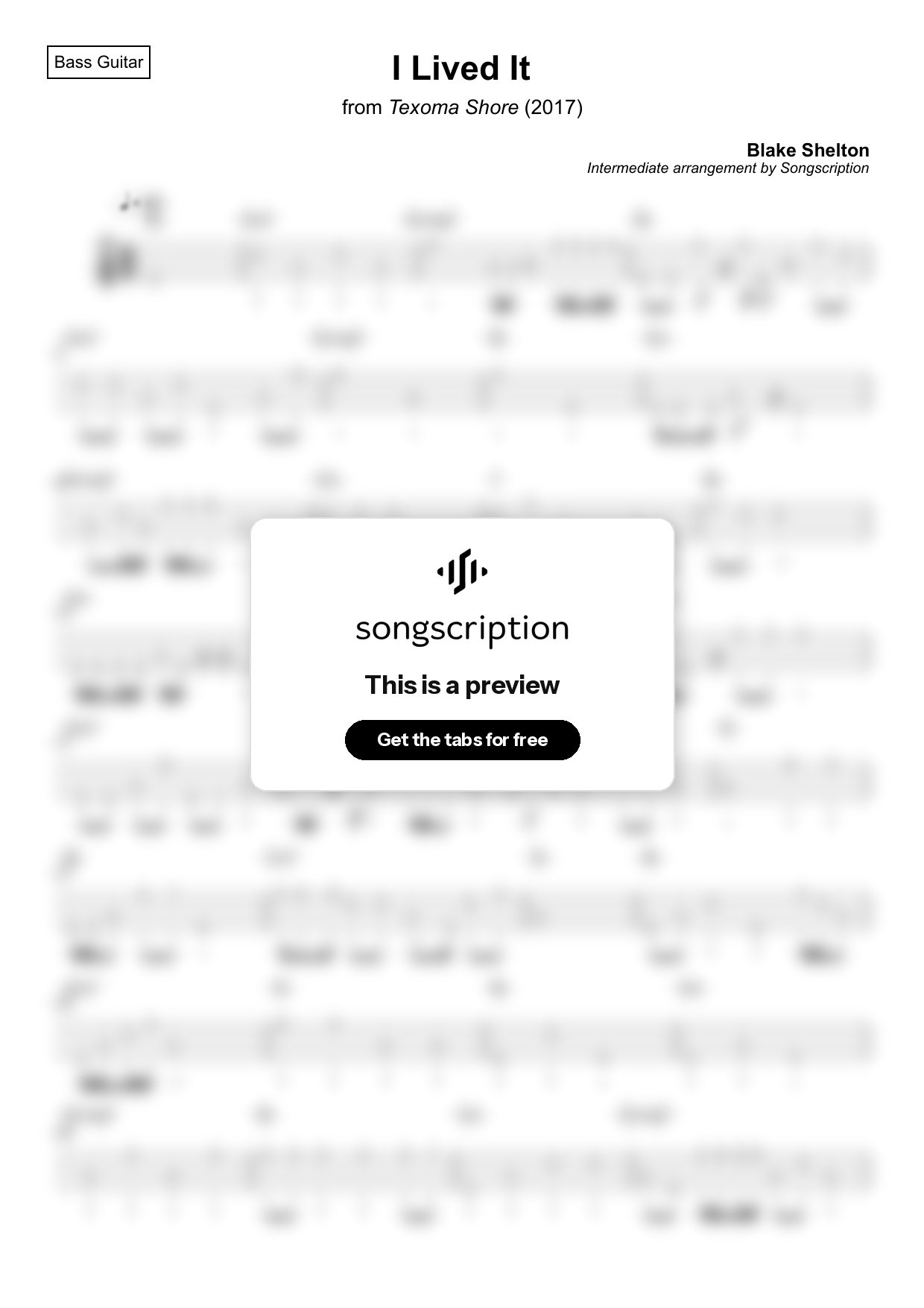 Intermediate Bass Guitar Tabs for "I Lived It" by Blake Shelton