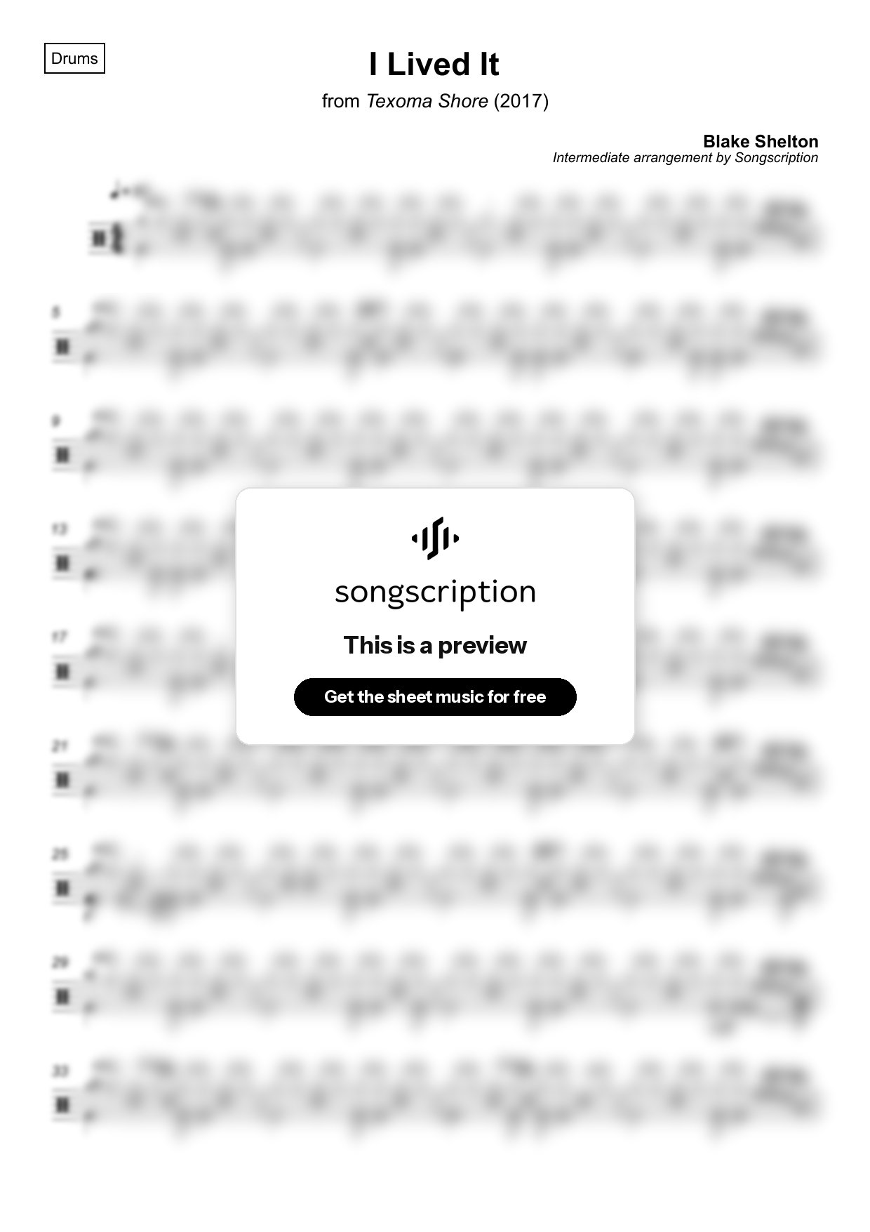 Intermediate Drums Sheet Music for "I Lived It" by Blake Shelton