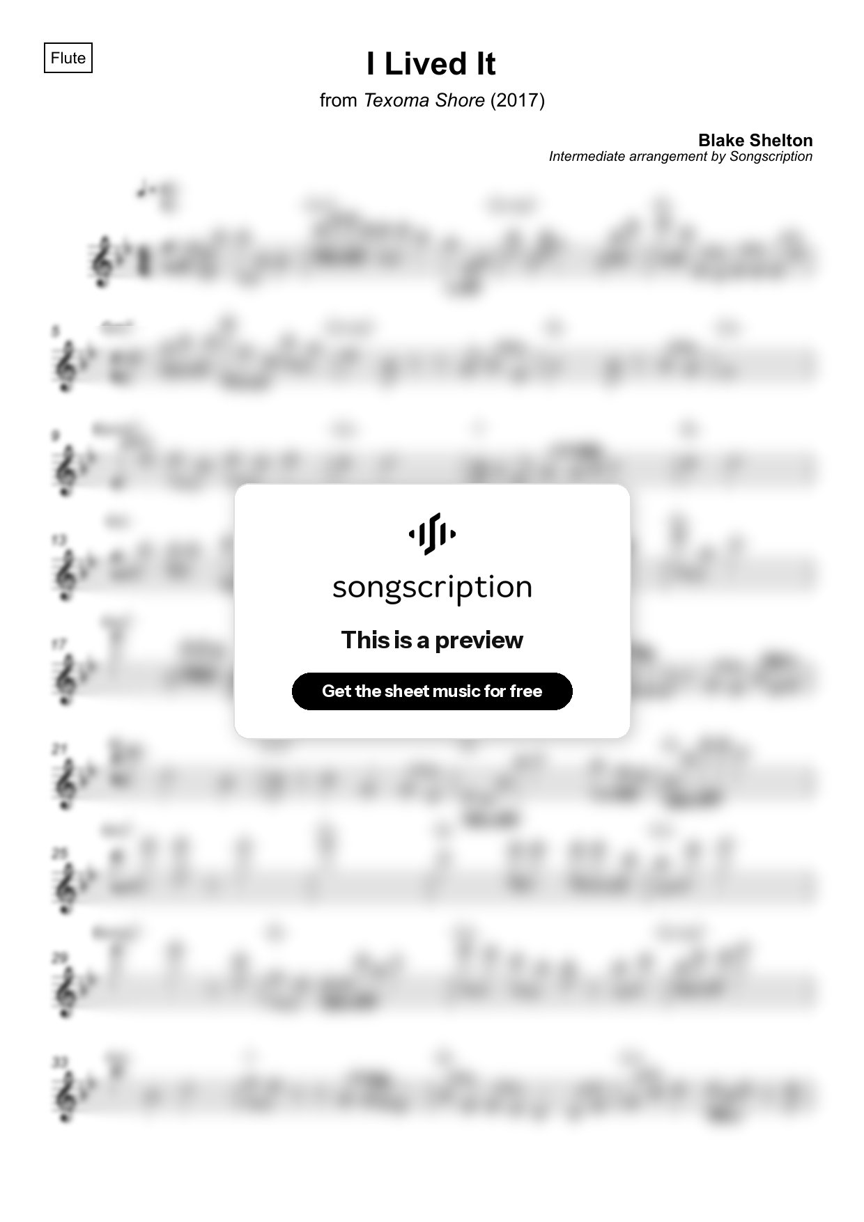 Intermediate Flute Sheet Music for "I Lived It" by Blake Shelton