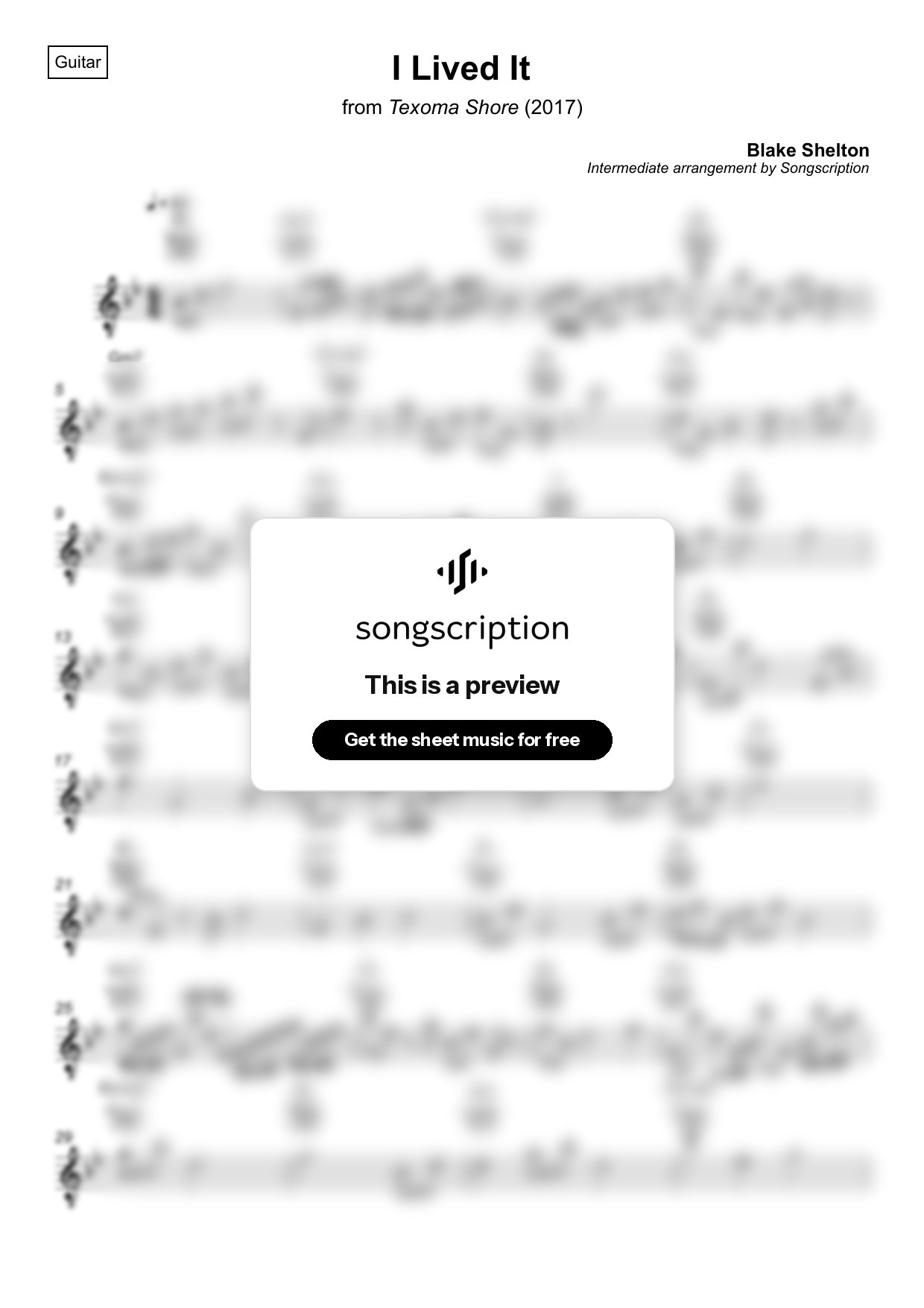 Intermediate Acoustic Guitar Sheet Music for "I Lived It" by Blake Shelton