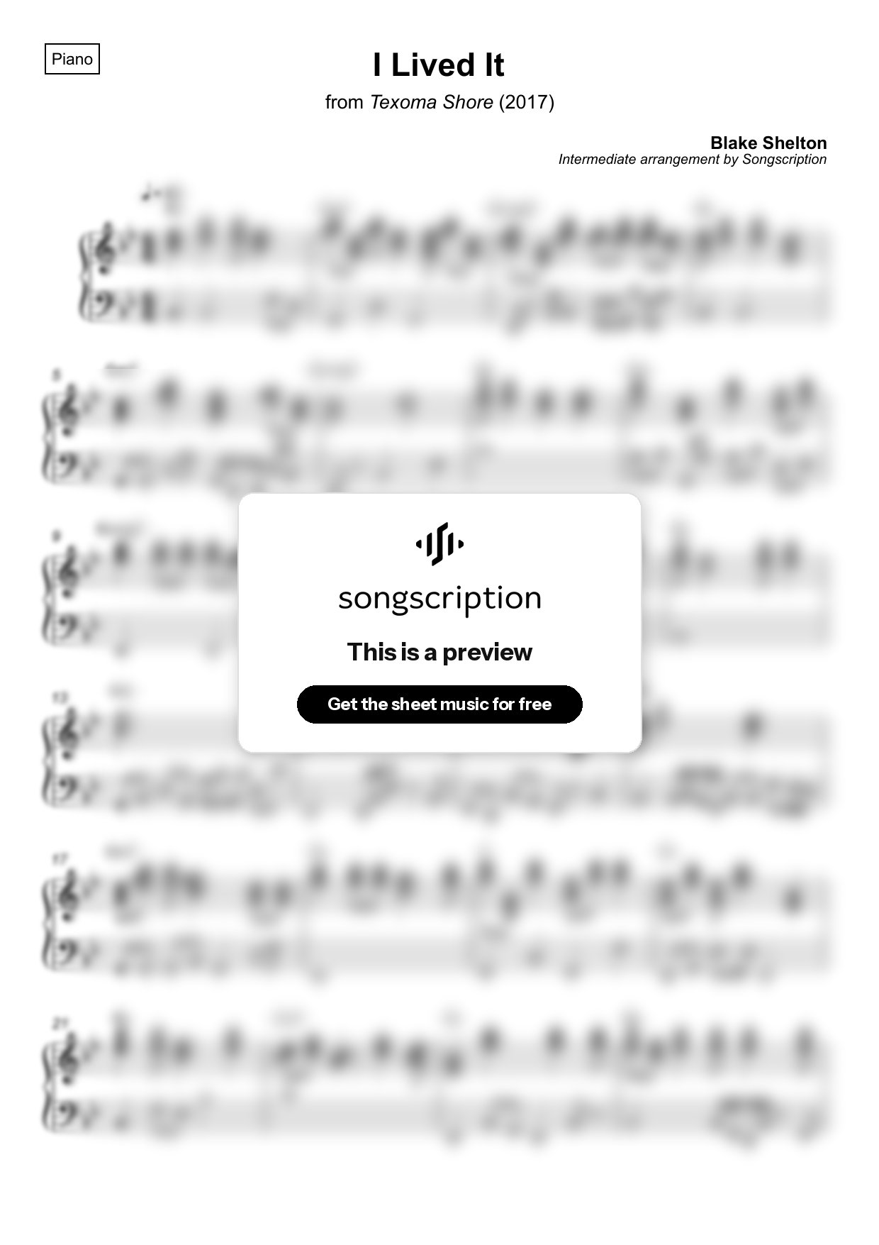 Intermediate Piano Sheet Music for "I Lived It" by Blake Shelton