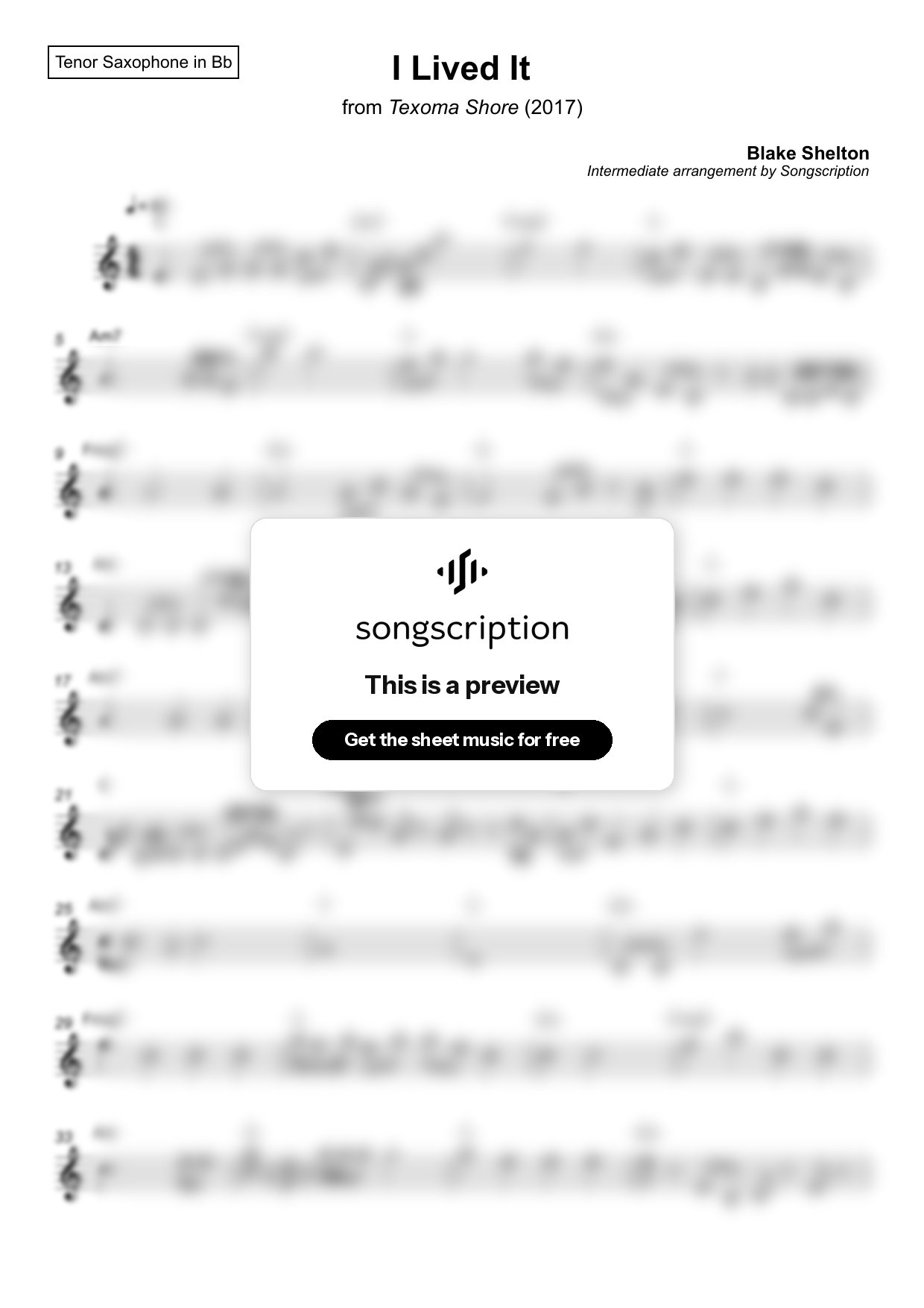 Intermediate Tenor Sax Sheet Music for "I Lived It" by Blake Shelton