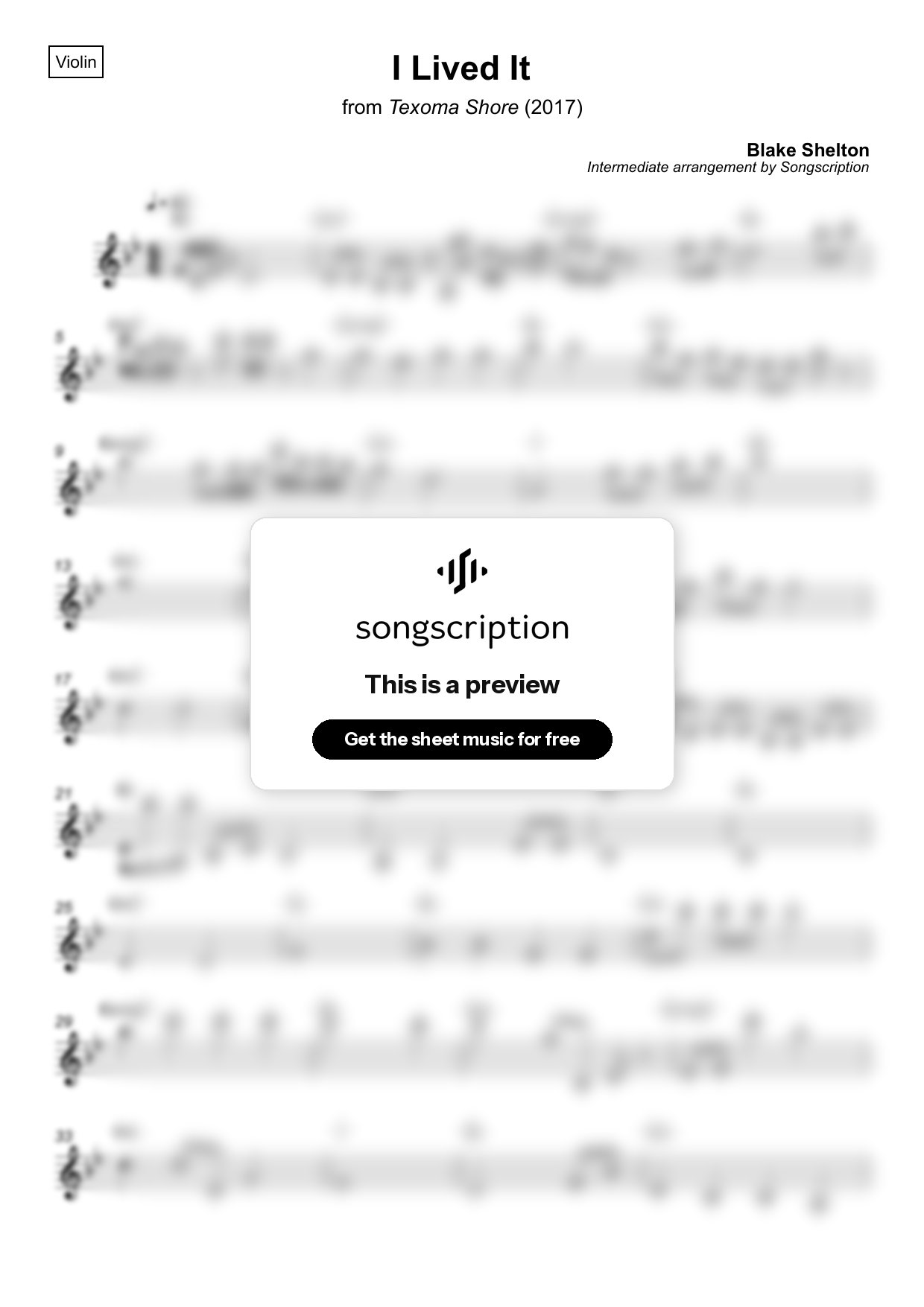Intermediate Violin Sheet Music for "I Lived It" by Blake Shelton