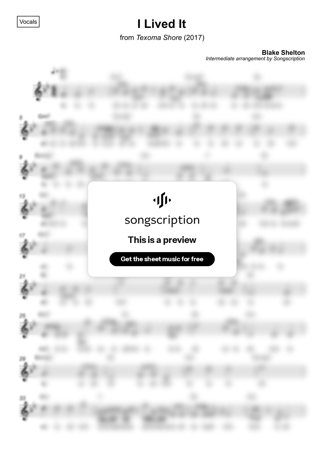 Intermediate Vocals Sheet Music for "I Lived It" by Blake Shelton