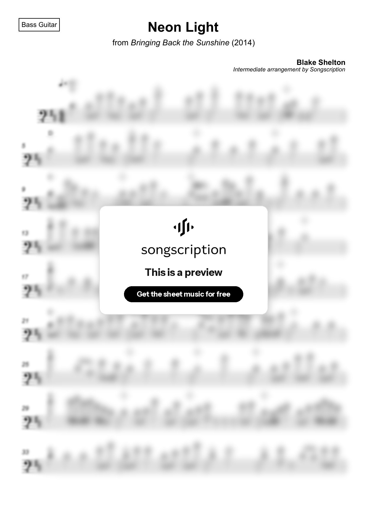Intermediate Bass Guitar Sheet Music for "Neon Light" by Blake Shelton