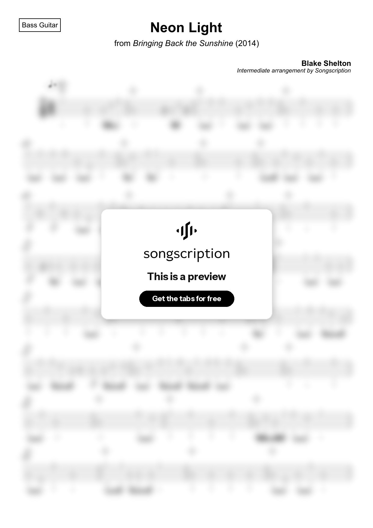 Intermediate Bass Guitar Tabs for "Neon Light" by Blake Shelton