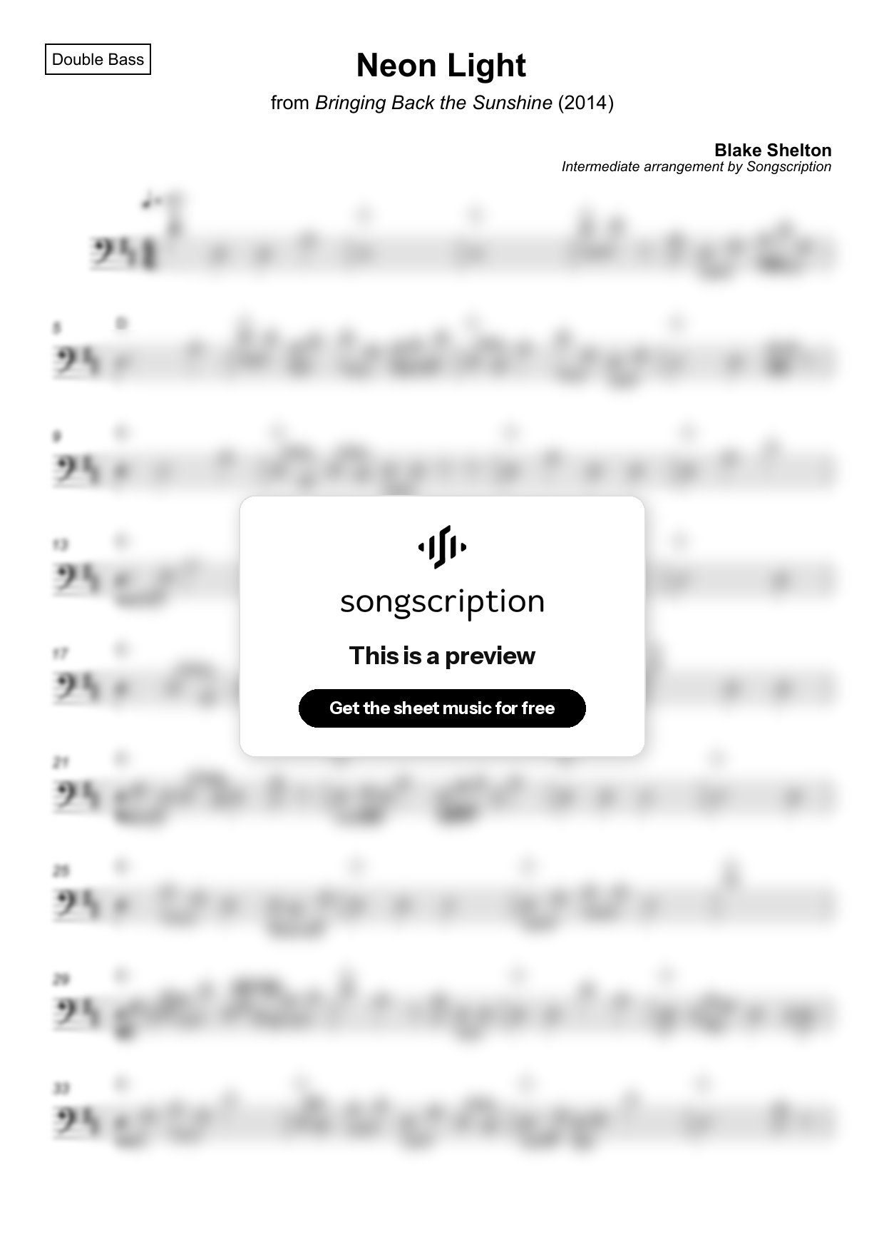 Intermediate Double Bass Sheet Music for "Neon Light" by Blake Shelton