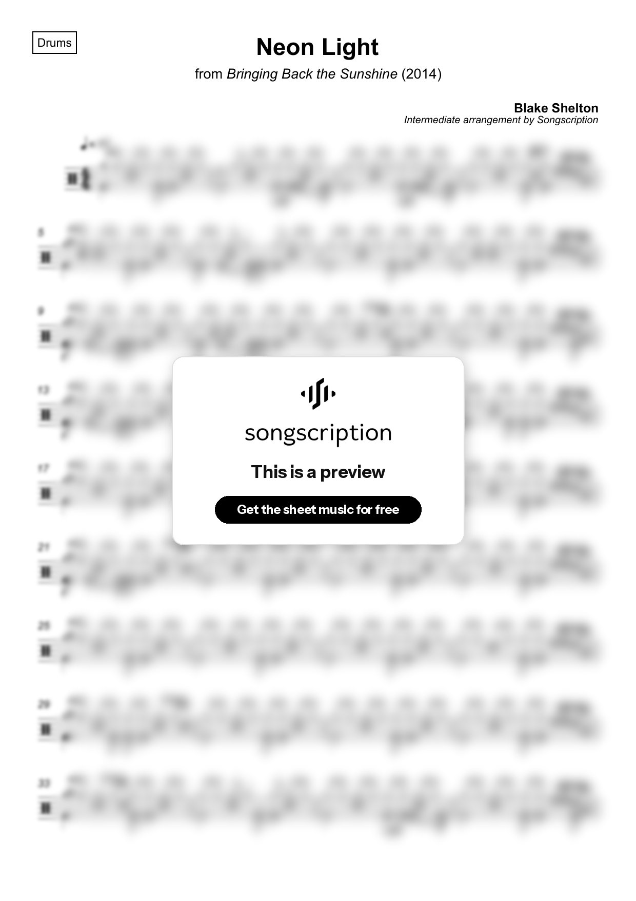 Intermediate Drums Sheet Music for "Neon Light" by Blake Shelton