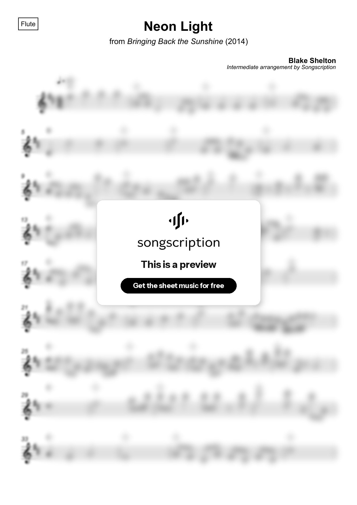 Intermediate Flute Sheet Music for "Neon Light" by Blake Shelton