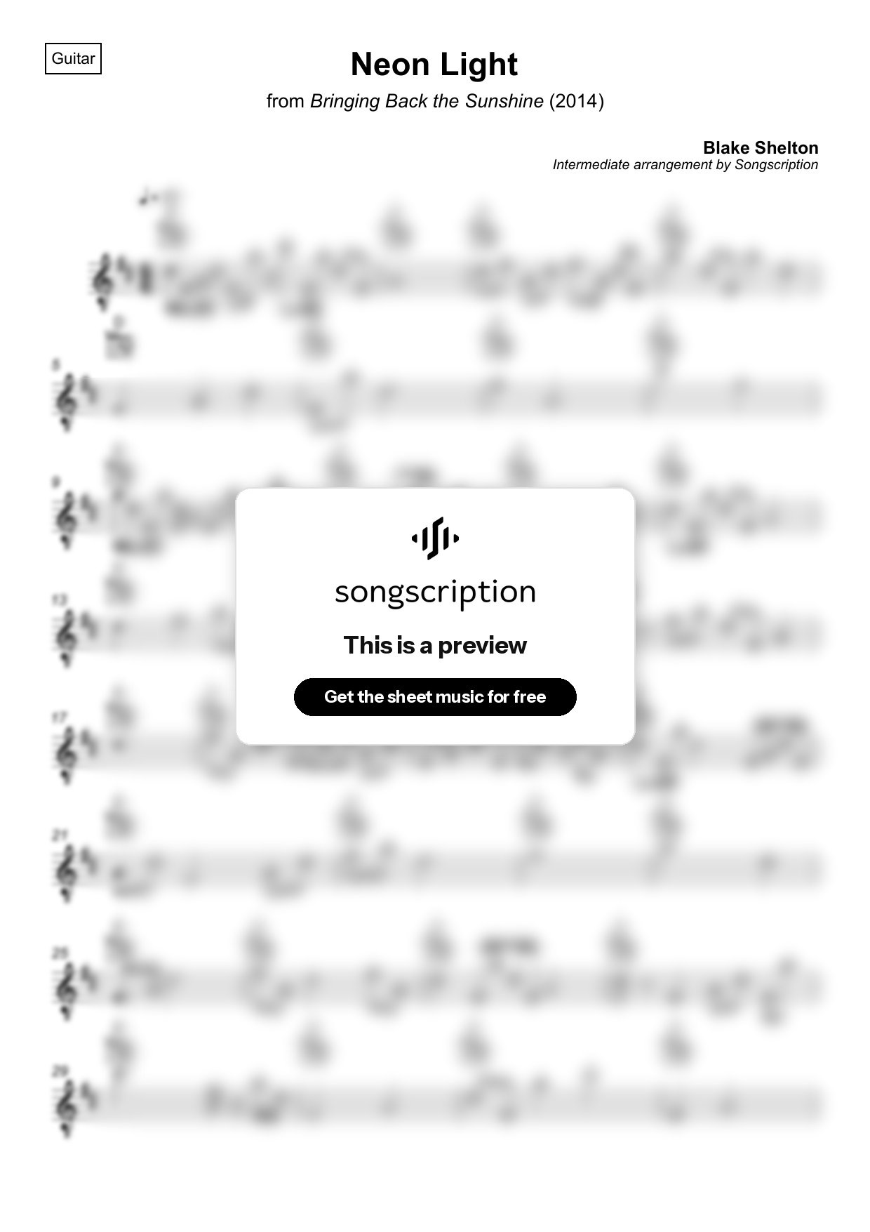 Intermediate Acoustic Guitar Sheet Music for "Neon Light" by Blake Shelton